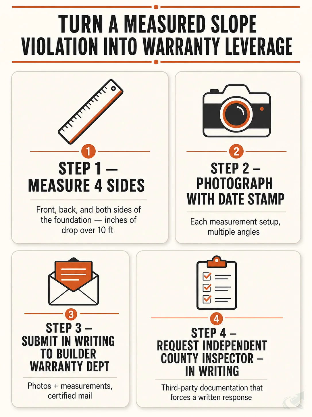 Bento-grid four-step process for turning a measured IRC R401.3 slope violation into warranty leverage: measure four foundation sides, photograph with date stamps, submit in writing to the builder warranty department, and request an independent county inspector in writing.