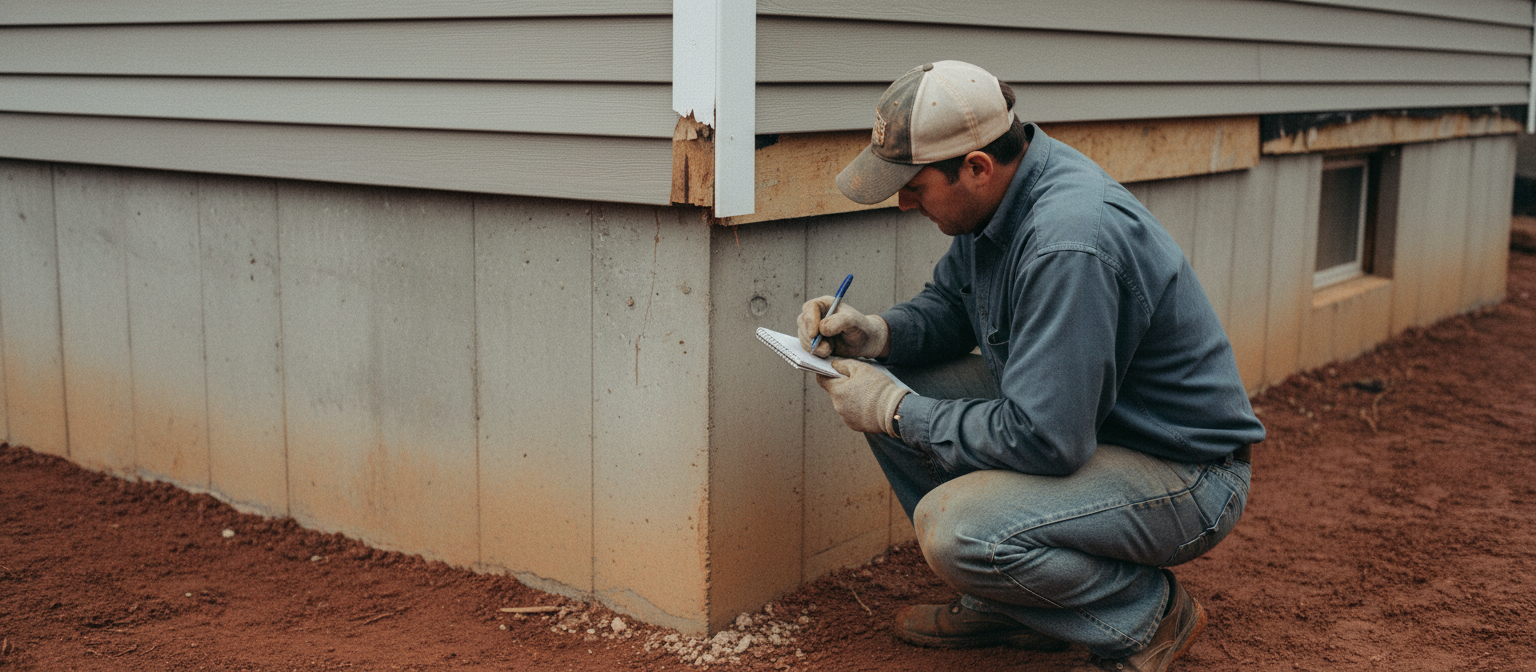 NC foundation drainage inspector measuring grade slope at clay soil base