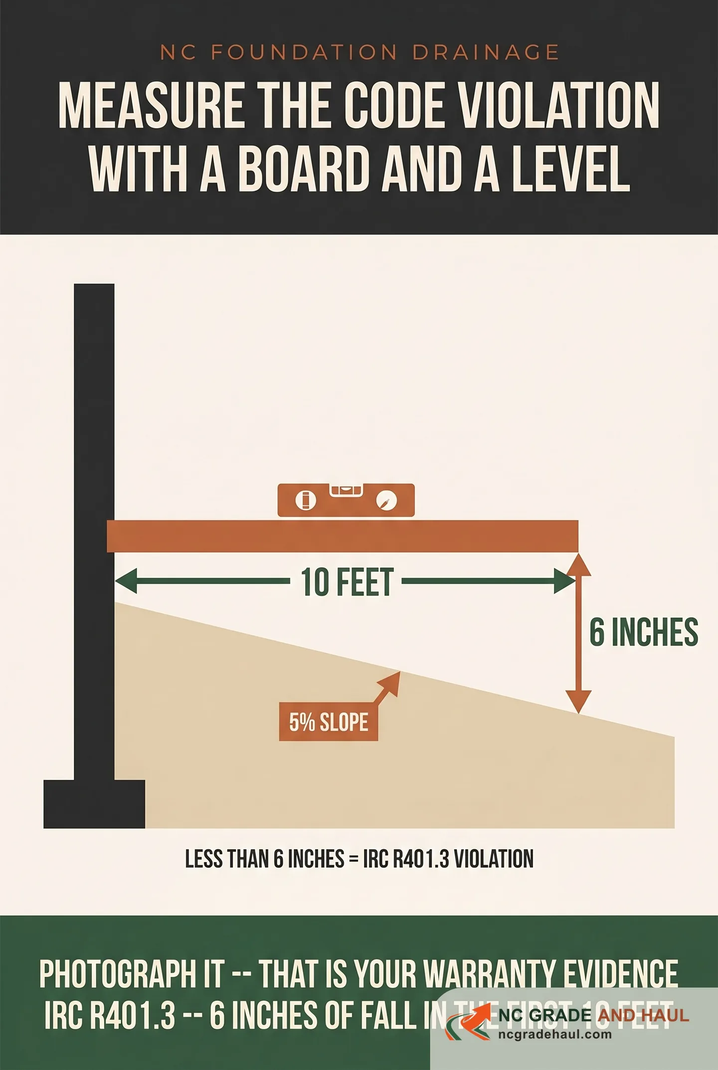 How to measure the NC foundation slope code violation yourself: level a 10-foot board against the foundation wall, then measure the drop at the far end -- it must fall at least 6 inches (a 5% slope) per IRC R401.3. Less than 6 inches is a documented code violation. Photograph it -- that is your warranty evidence.