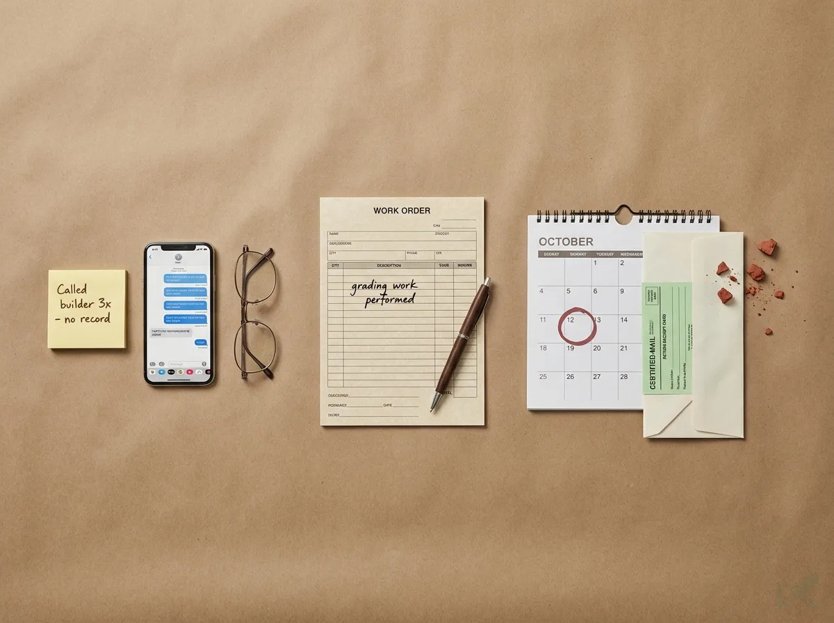 Flat-lay of three evidence groupings on kraft paper showing the three mistakes that sink an NC builder drainage claim -- a sticky note and phone (verbal-only contact, no record), a vague work order (incomplete written scope), and a calendar with the 12th circled in red beside a certified-mail envelope (missing the statutory window)