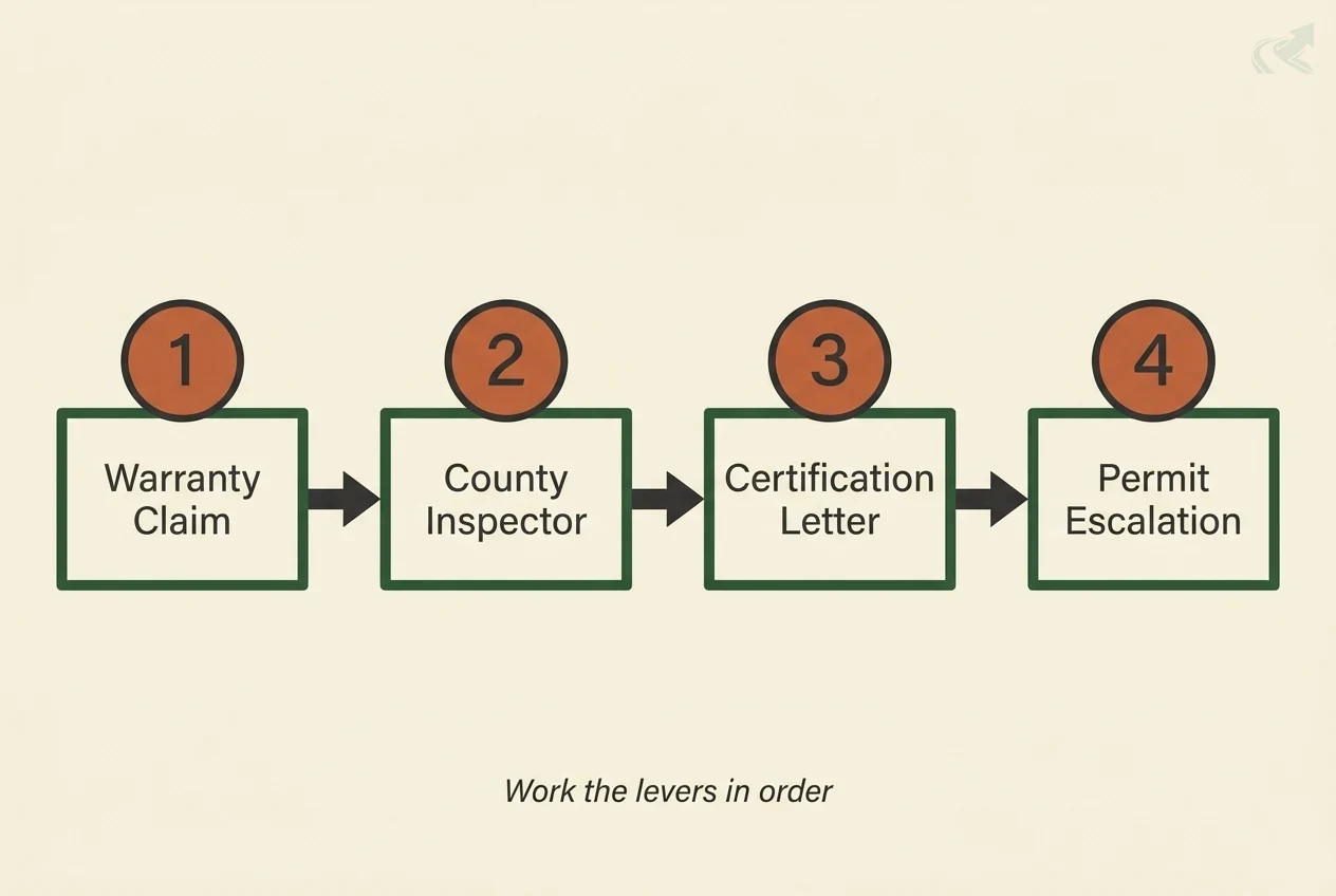 Schematic of the four-lever NC builder drainage dispute sequence, numbered and connected by arrows: 1 Warranty Claim, 2 County Inspector, 3 Certification Letter, 4 Permit Escalation, worked in order.