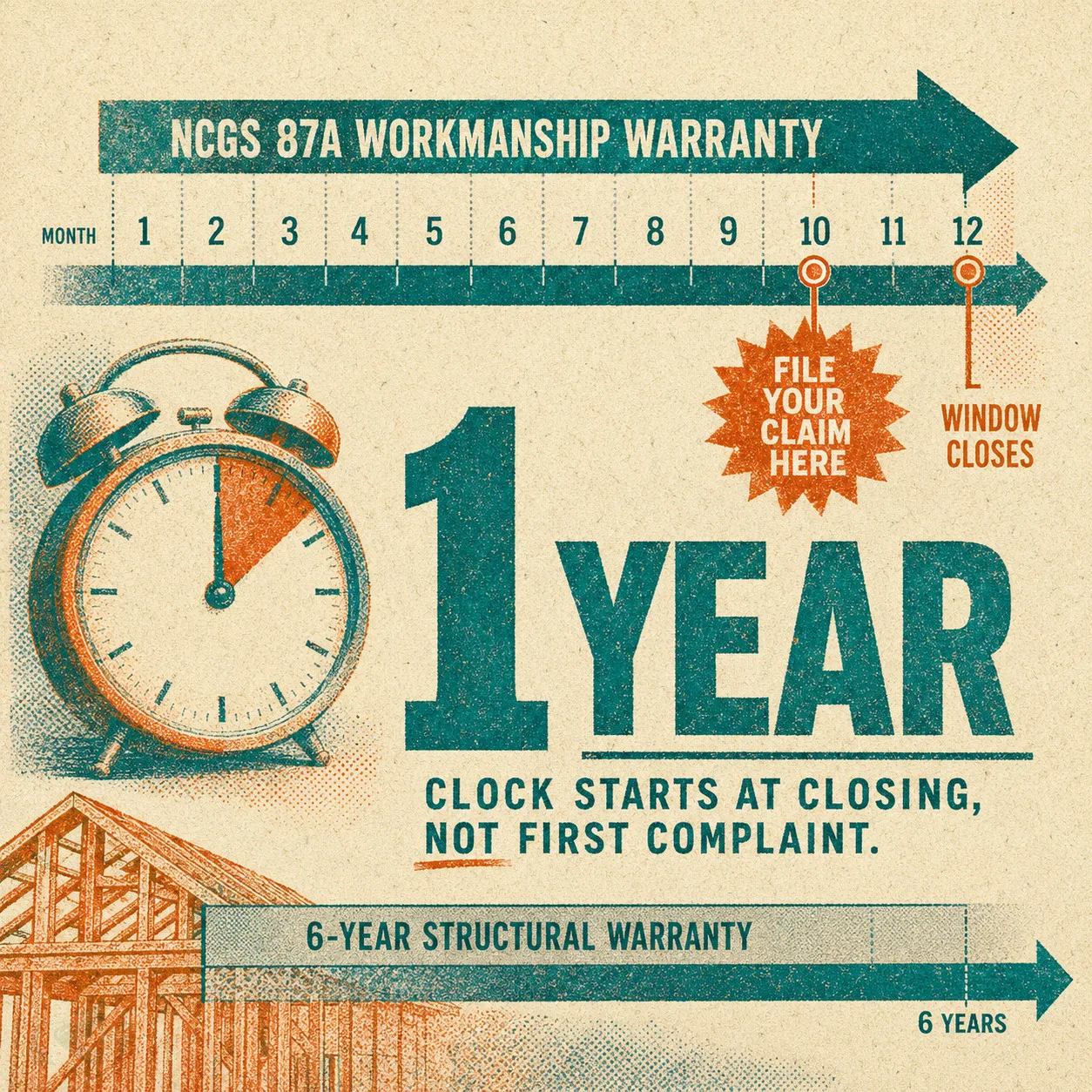 Risograph-style timeline graphic showing North Carolina NCGS Chapter 87A warranty windows: the 1-year workmanship warranty (covering drainage and grading) with a file-by-month-10 marker and a month-12 hard close, alongside the 6-year structural warranty bar, clock starting at closing date
