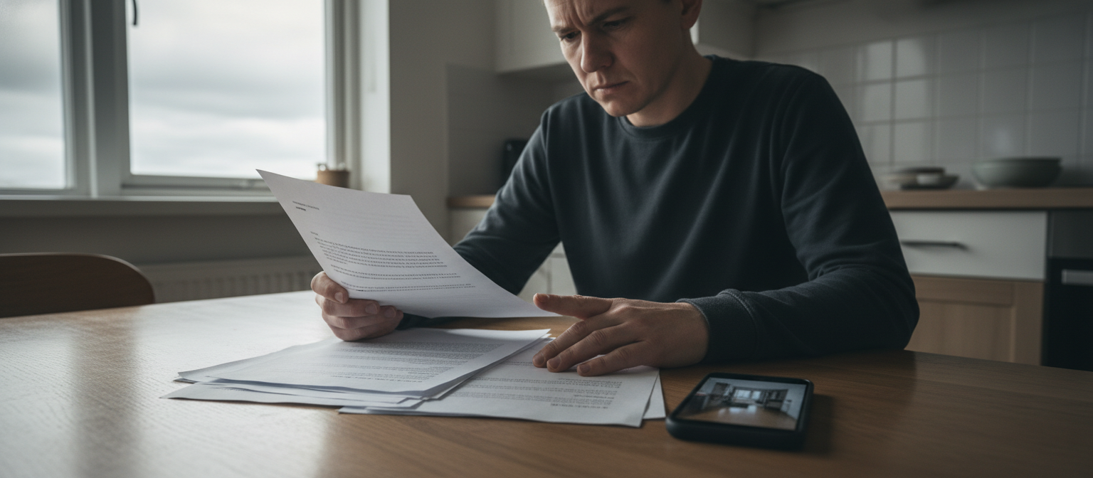 NC homeowner reviewing builder warranty documents at kitchen table