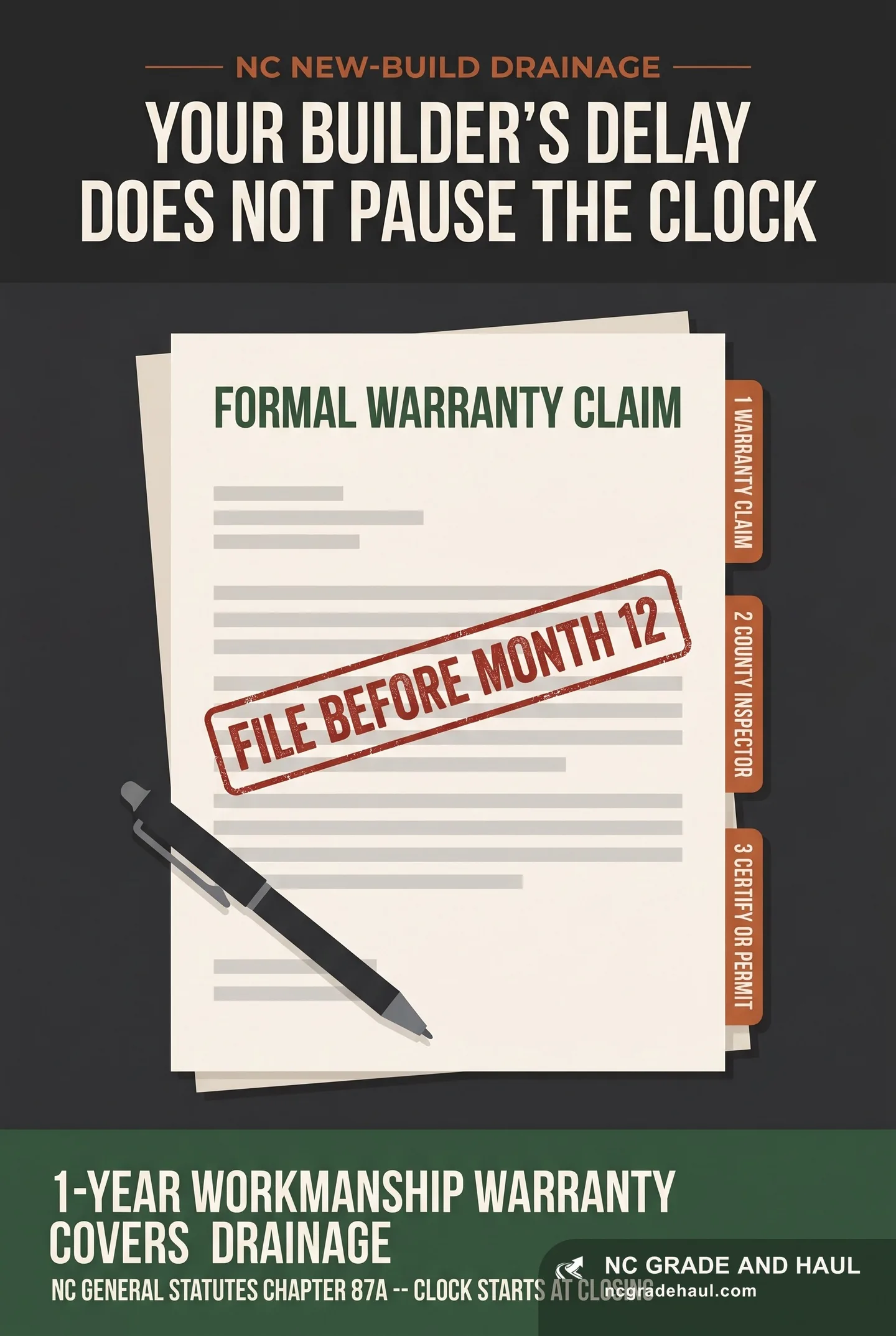 NC new-build drainage dispute: file your formal warranty claim before month 12 -- the four levers run warranty claim, county inspector, then certify or permit; the 1-year workmanship warranty covers drainage under NC General Statutes Chapter 87A and the clock starts at closing, not when the builder finally responds.