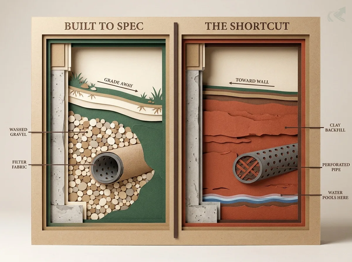 Papercraft cross-section showing built-to-spec foundation perimeter drain with washed gravel and filter fabric on the left, versus red clay backfill with no gravel and water pooling at the base on the right