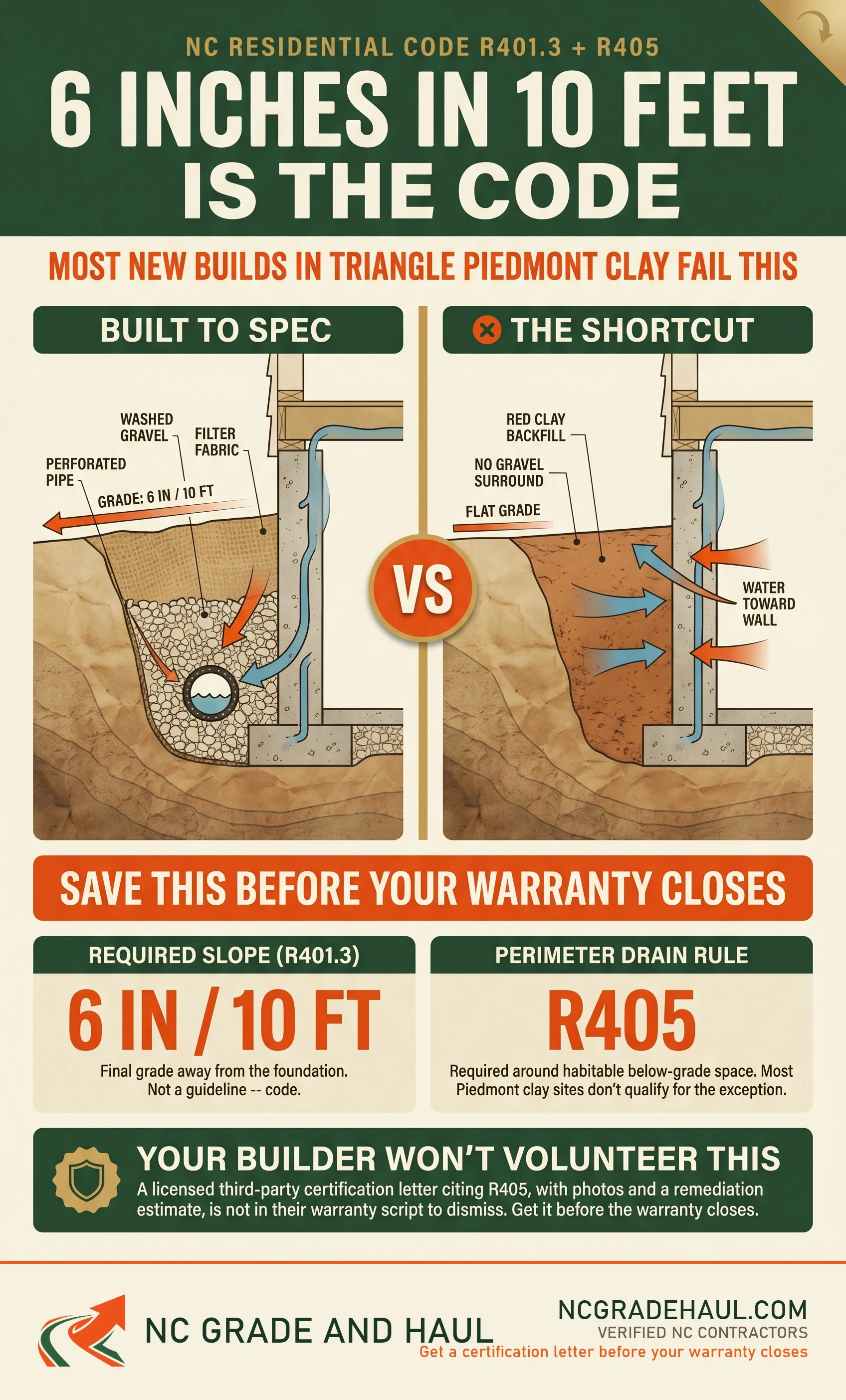 How to fix new build foundation drainage in NC - NC Grade and Haul infographic.