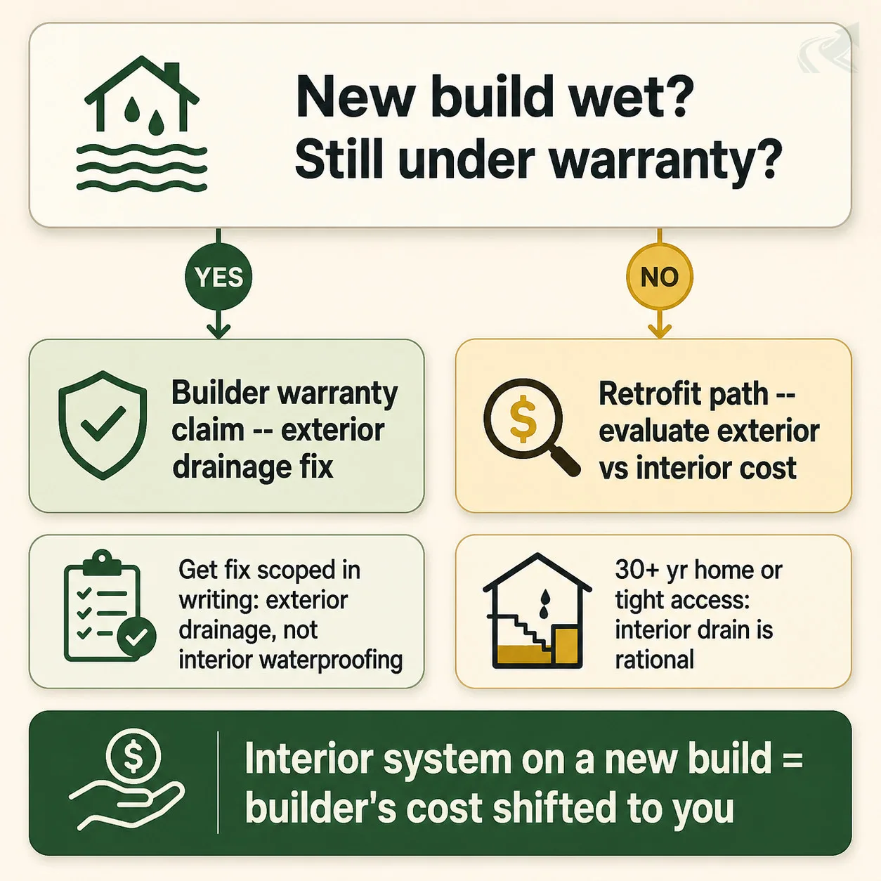 Bento-grid decision flowchart: new build under warranty takes the builder warranty path for exterior drainage; older homes or tight-access lots evaluate interior drain as a rational retrofit