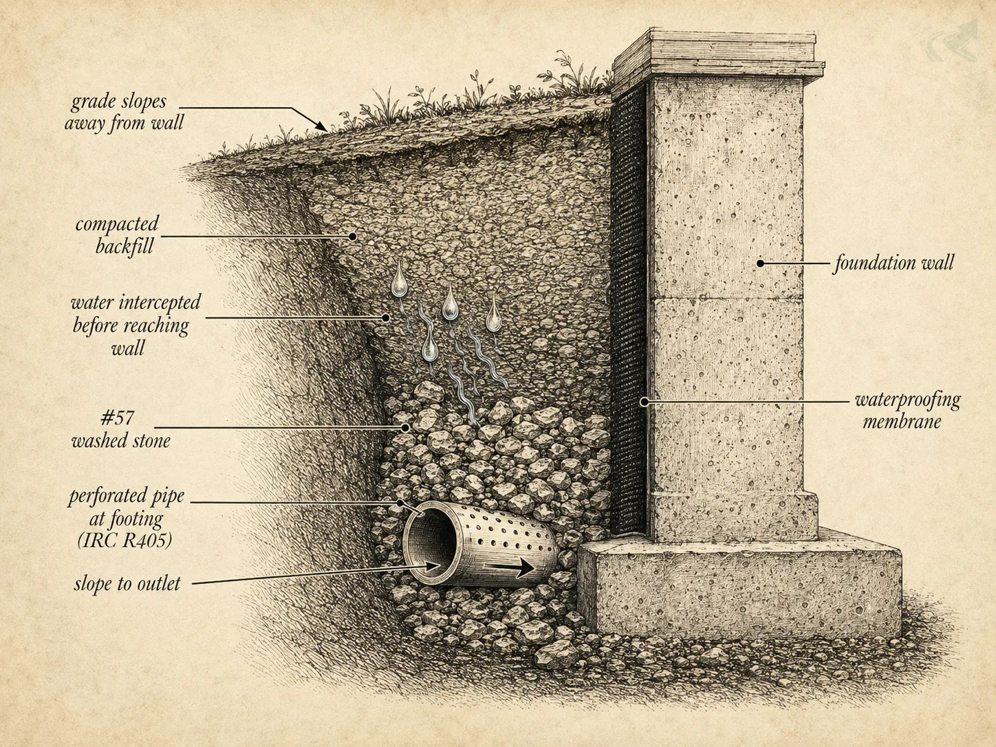 Cross-section diagram showing exterior foundation perimeter drain: perforated pipe at footing level in #57 stone, grading sloped away from wall, IRC R405 system