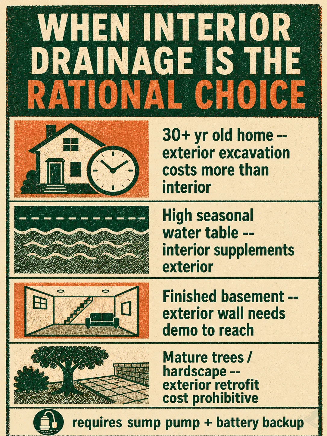 Flat-lay of four labeled cards showing the four scenarios where interior foundation drainage is the rational choice: old homes, high water table, finished basements, and prohibitive exterior retrofit costs