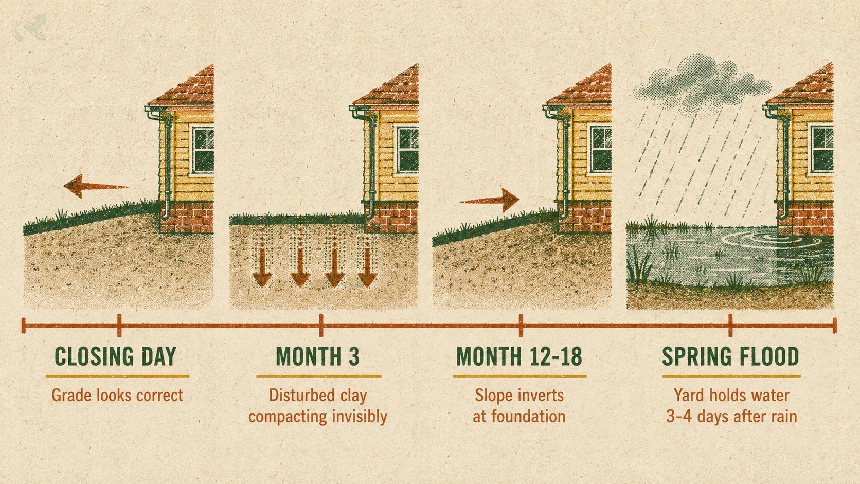 Risograph-style horizontal timeline showing four stages of NC new-build clay settlement: grade looks correct at closing, clay compacts invisibly through month three, slope reverses at the foundation perimeter by month twelve to eighteen, then yard pools for three to four days after rain by spring
