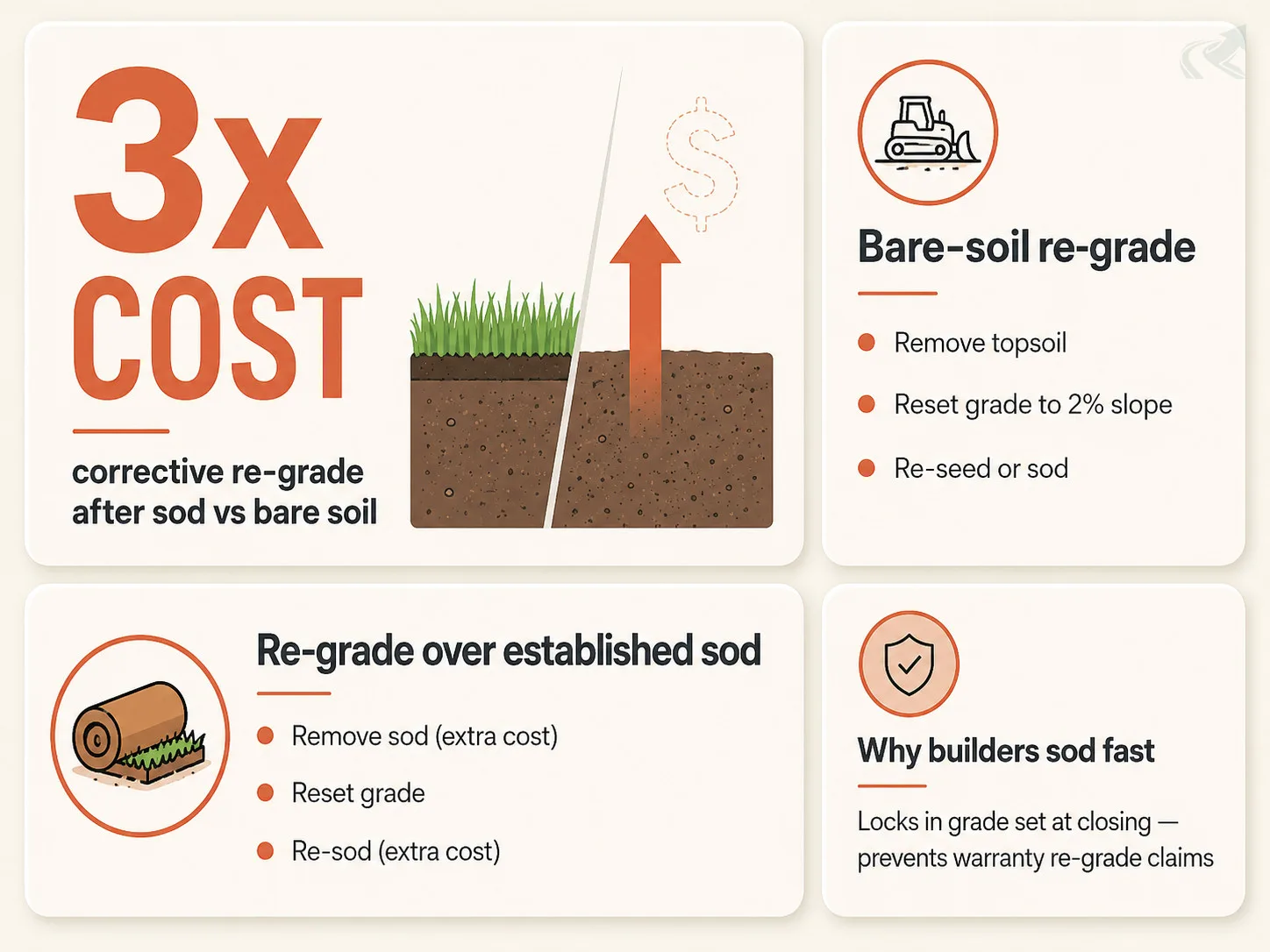 Bento-grid infographic comparing re-grade costs: bare-soil corrective re-grade versus re-grade after established sod showing three-times cost multiplier, with a summary card explaining that builders sod quickly to lock in the closing-day grade
