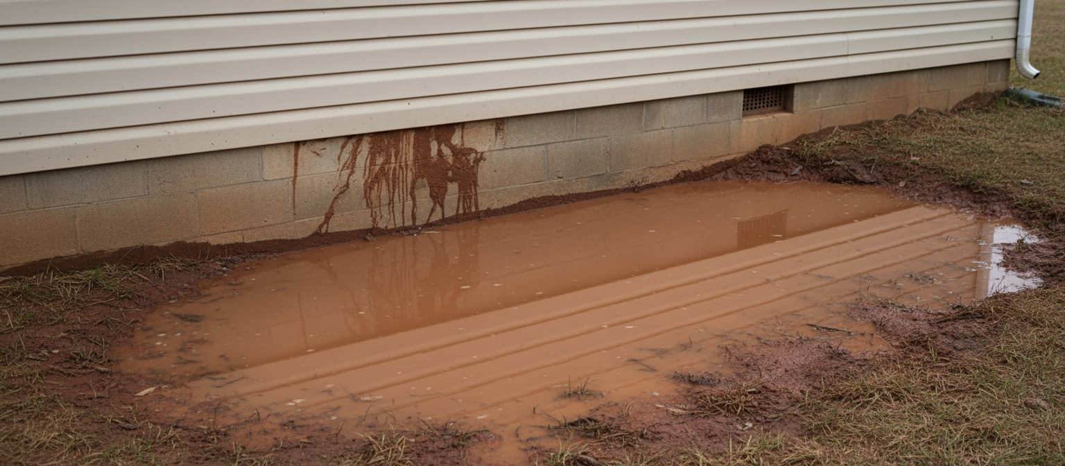 NC new-build foundation drainage failure red clay pooling at siding base
