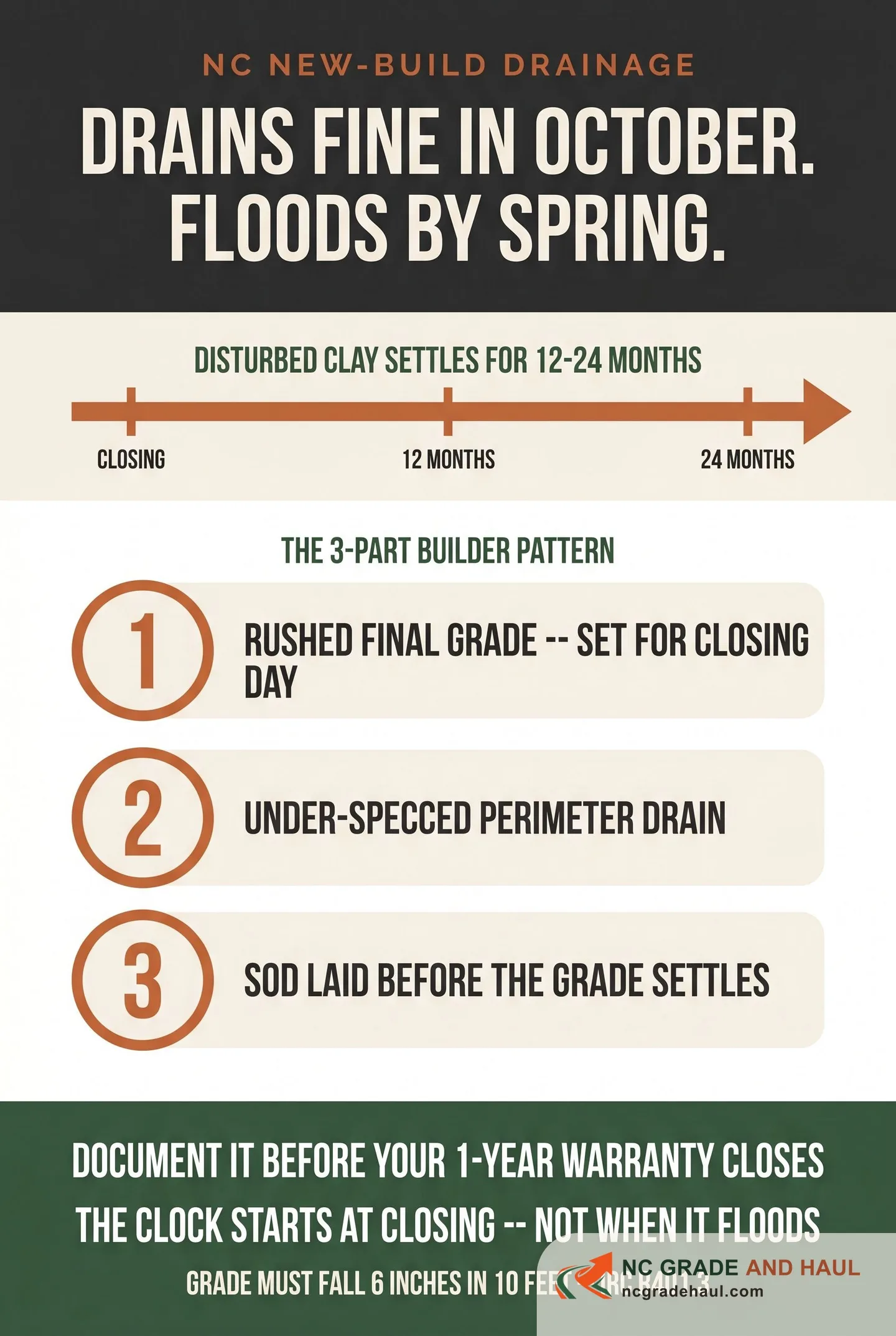 NC new-build drainage drains fine in October but floods by spring because disturbed clay settles for 12-24 months. The three-part production-builder pattern: rushed final grade set for closing day, an under-specced perimeter drain, and sod laid before the grade settles. Document it before your 1-year warranty closes -- the clock starts at closing, not when it floods, and the grade must fall 6 inches in 10 feet per IRC R401.3.