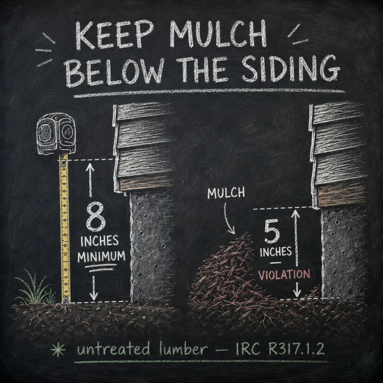 Chalkboard diagram comparing 8-inch code-compliant siding clearance versus 5-inch violation caused by mulch piled against the foundation