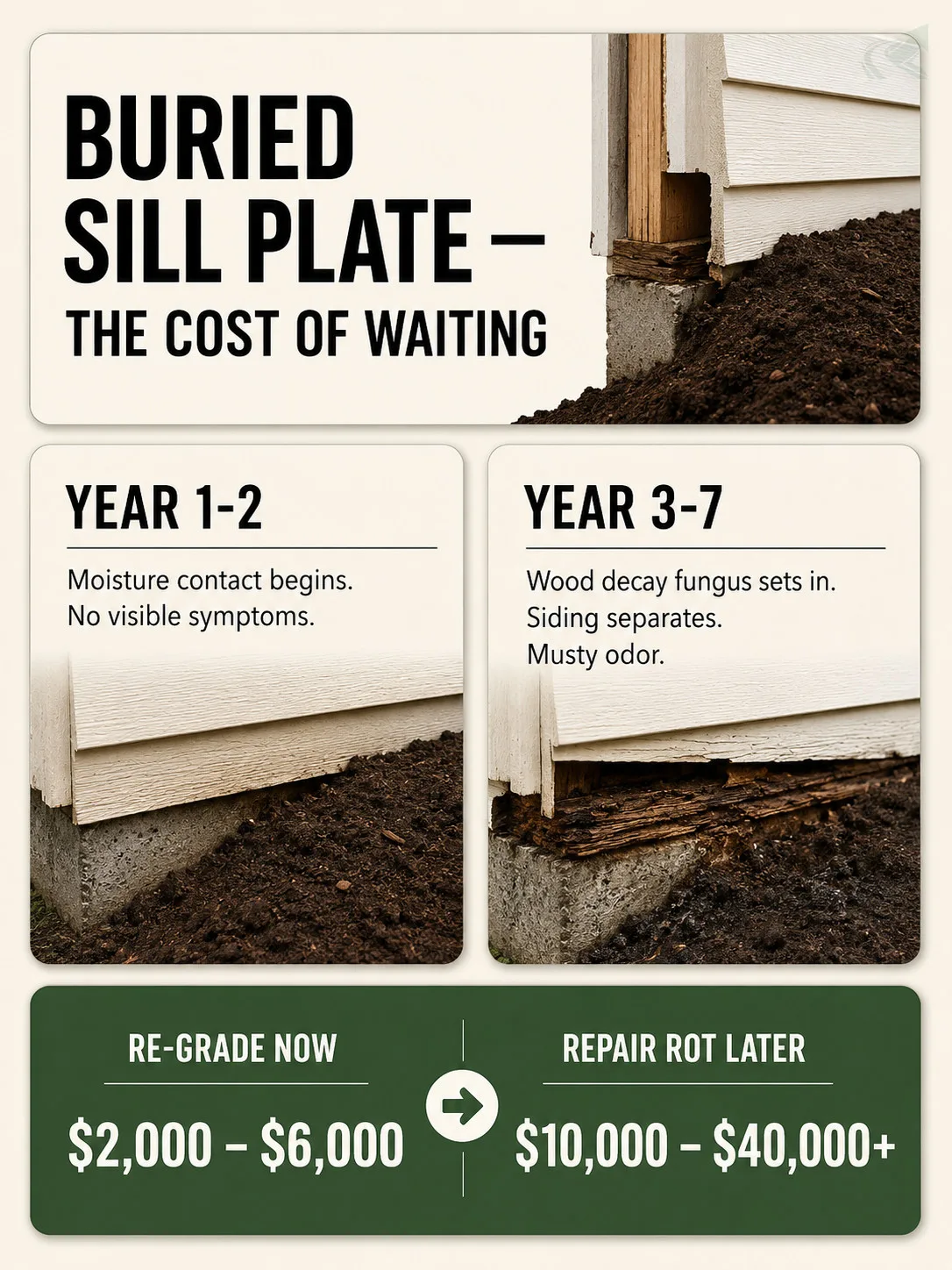 Bento-grid timeline showing the buried sill plate rot progression from year 1 to year 7, with cost comparison: $2,000–$6,000 to re-grade now versus $10,000–$40,000 or more to repair rot later
