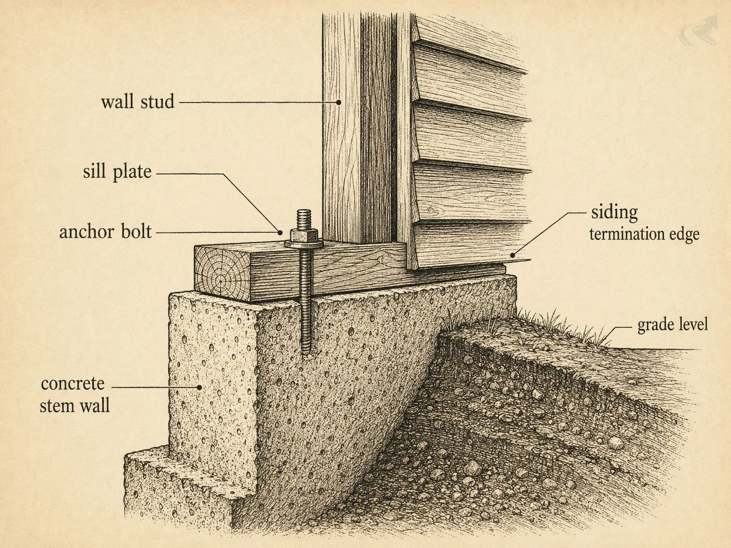 Cross-section diagram of a residential foundation showing the sill plate resting on the concrete stem wall, with anchor bolt, wall studs, and siding termination edge labeled
