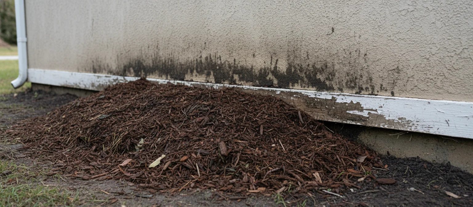 NC buried sill plate moisture rot where mulch contacts exterior wall foundation