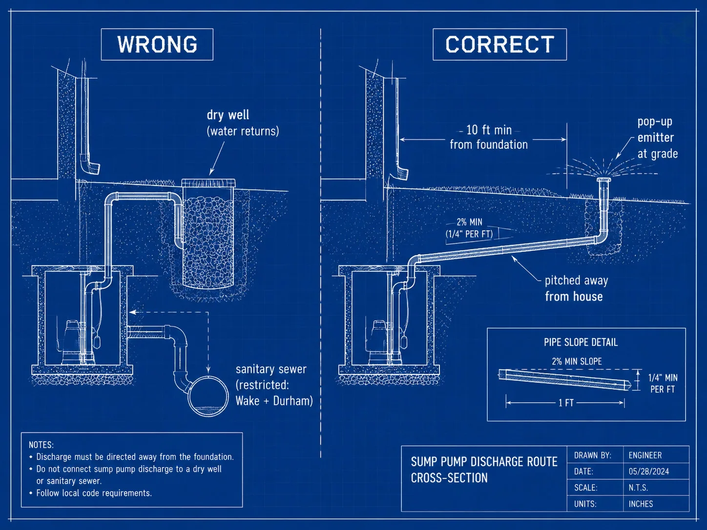 Blueprint cross-section showing two wrong discharge routes (dry well recirculation and sanitary sewer tie-in) versus the correct path: a 1.5-2 inch pipe to a pop-up emitter at grade, at least 10 feet from the foundation, sloped away from the house.