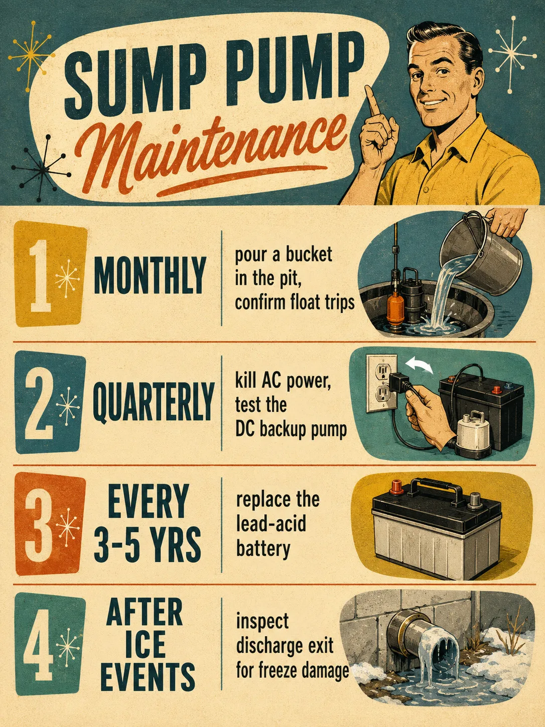 Retro mid-century checklist of NC sump pump maintenance intervals: monthly bucket test, quarterly backup test with AC power off, battery replacement every 3-5 years, and post-ice-storm discharge inspection.