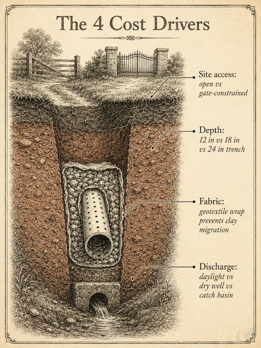 Field-guide cross-section illustration of a French drain trench showing the four cost drivers: site access at surface, trench depth, geotextile fabric around pipe and stone, and discharge method at the outlet.