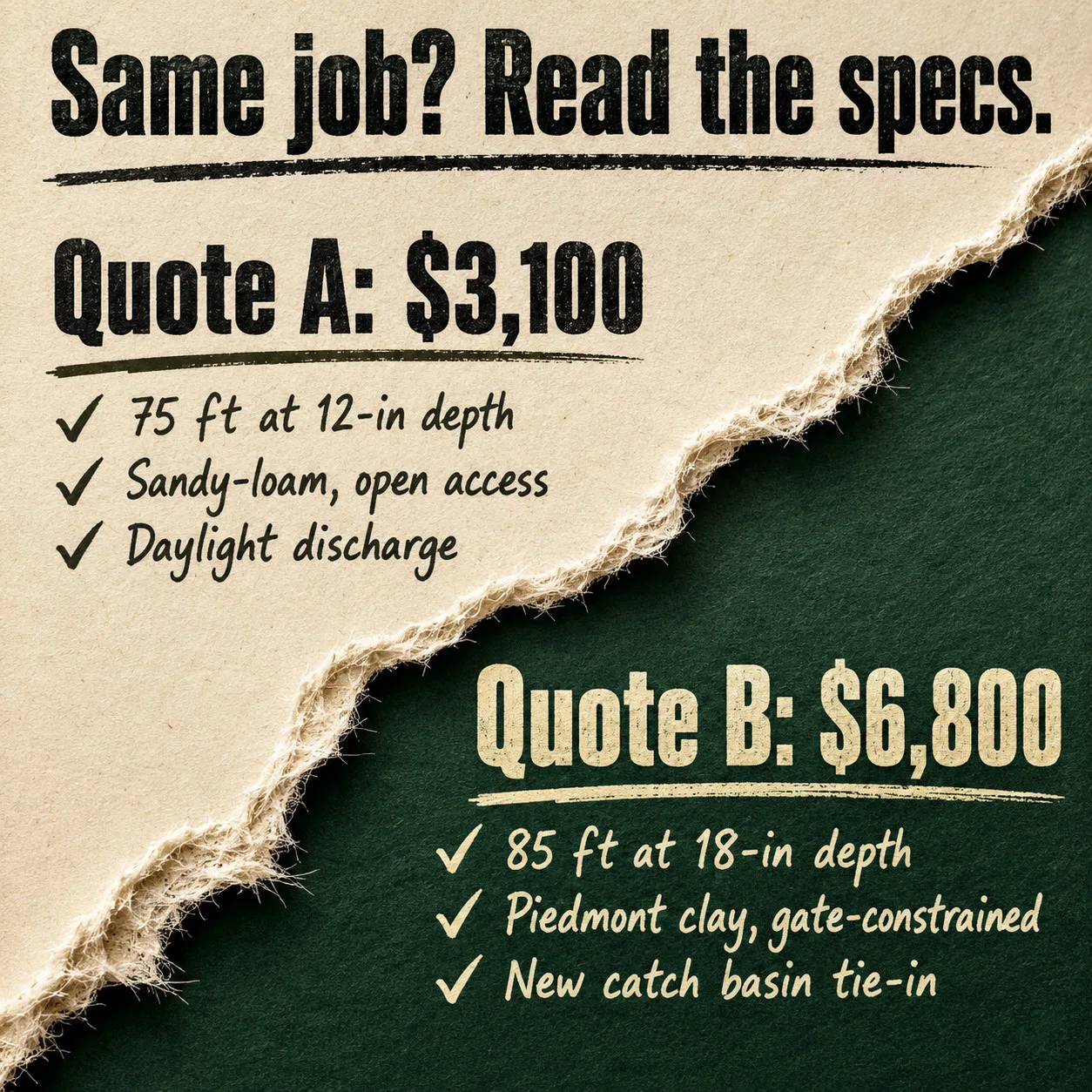 Torn-paper split comparing Quote A at $3,100 (75 ft, 12-inch depth, sandy-loam, daylight discharge) against Quote B at $6,800 (85 ft, 18-inch depth, Piedmont clay, gate-constrained, catch basin tie-in).