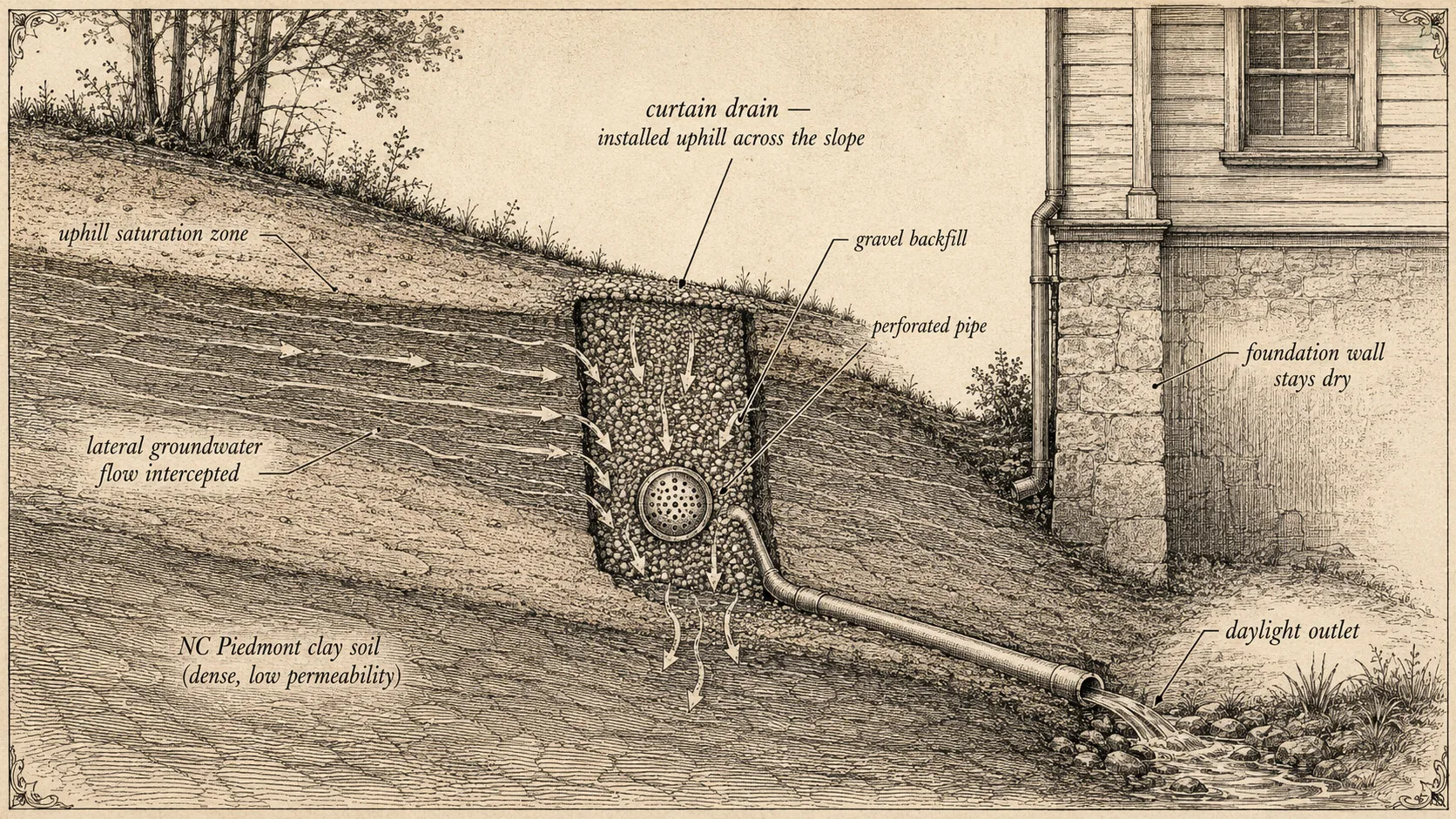 Vintage field-guide cross-section of a curtain drain installed uphill intercepting lateral NC Piedmont groundwater before it reaches the foundation