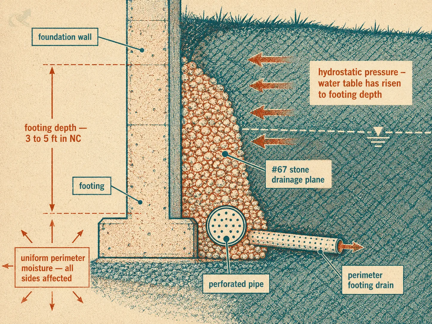 Risograph-style cross-section of a footing drain installed at foundation footing depth intercepting hydrostatic pressure around the full perimeter