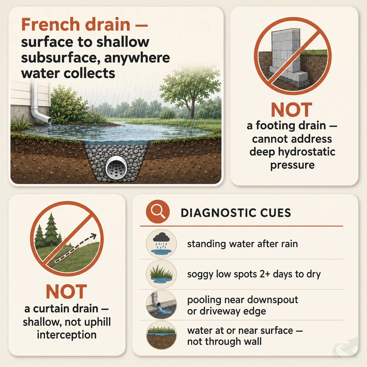 Bento-grid illustration clarifying French drain applications — surface and shallow subsurface water collection — and distinguishing it from footing drains and curtain drains