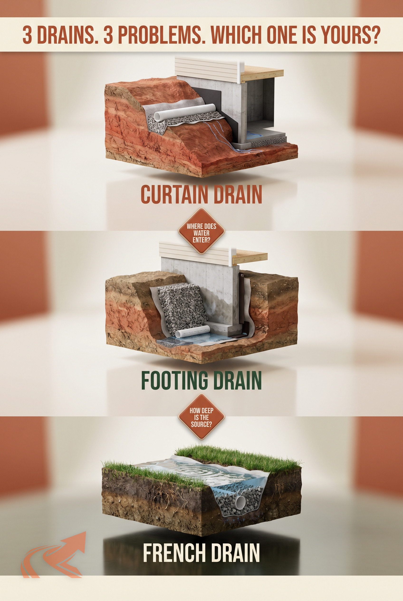 Curtain drain vs footing drain cross-section sketches NC clay soil