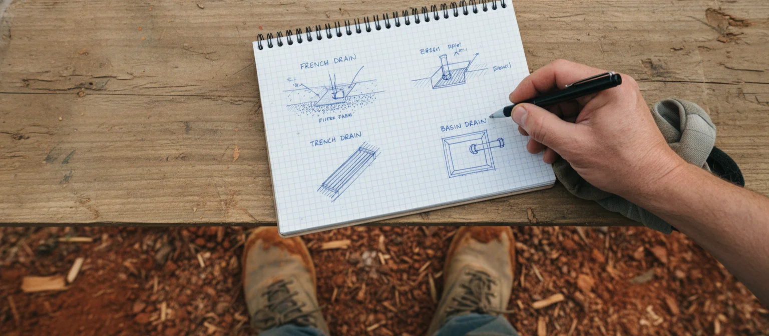Curtain Drain vs Footing Drain vs French Drain - NC Grade and Haul infographic.