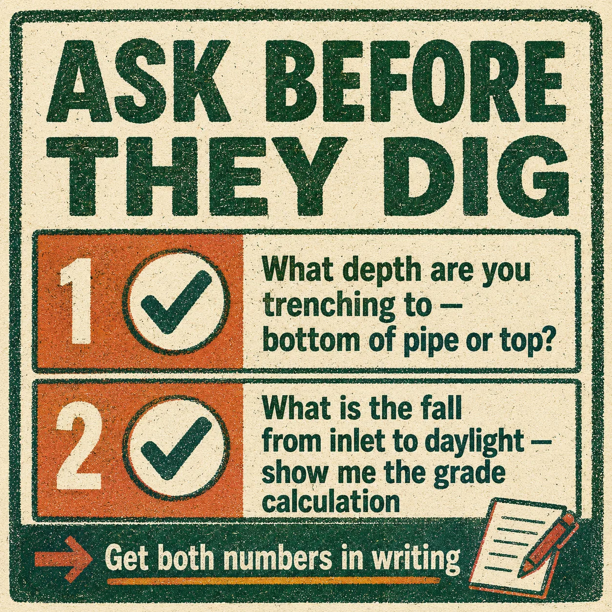 Risograph-style checklist with two questions to ask a French drain contractor before work begins: the trench depth measurement reference point, and the calculated fall from inlet to daylight.