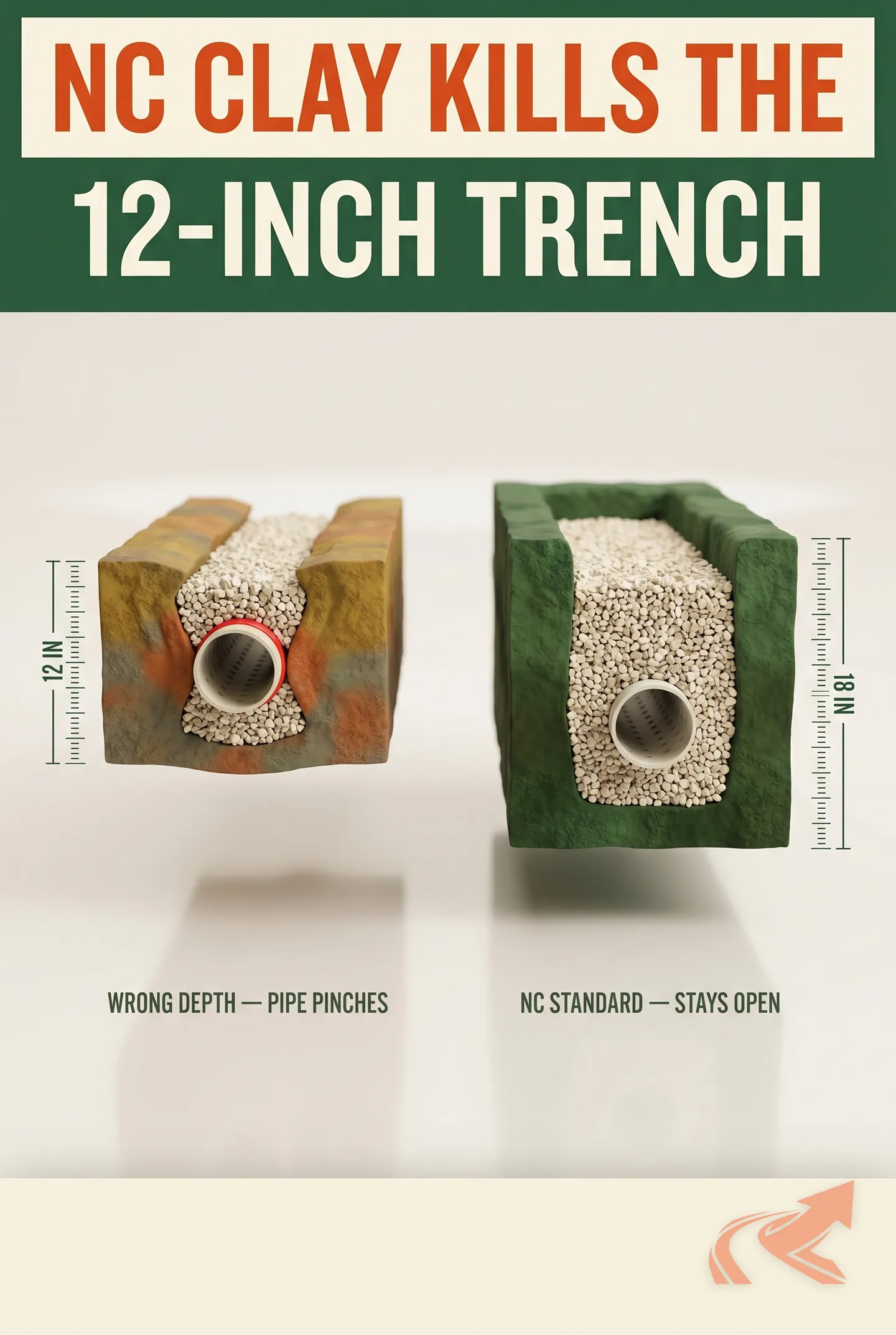 Reference chart of French drain depth by application in NC clay -- 18 inches for yard intercept, 24-plus for foundation, 36-plus for driveway crossings -- and why fall matters more than depth.