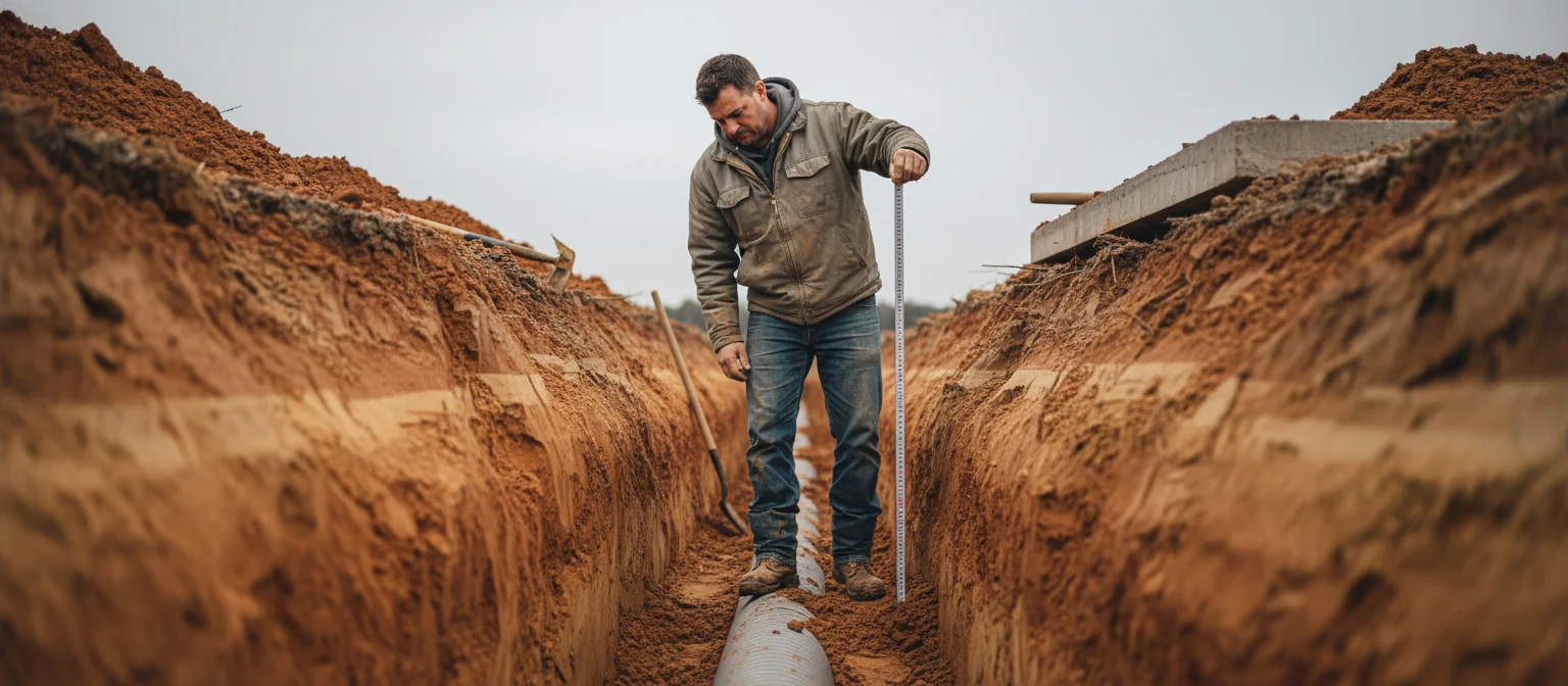 French Drain Depth Guide — Yard, Foundation, 4" Pipe - NC Grade and Haul infographic.