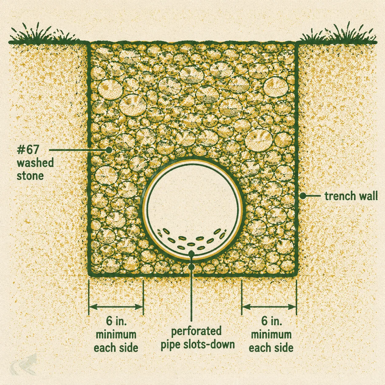 Risograph-style cross-section diagram of a French drain stone column showing #67 crushed stone surrounding a perforated pipe with 6-inch minimum clearance on all sides