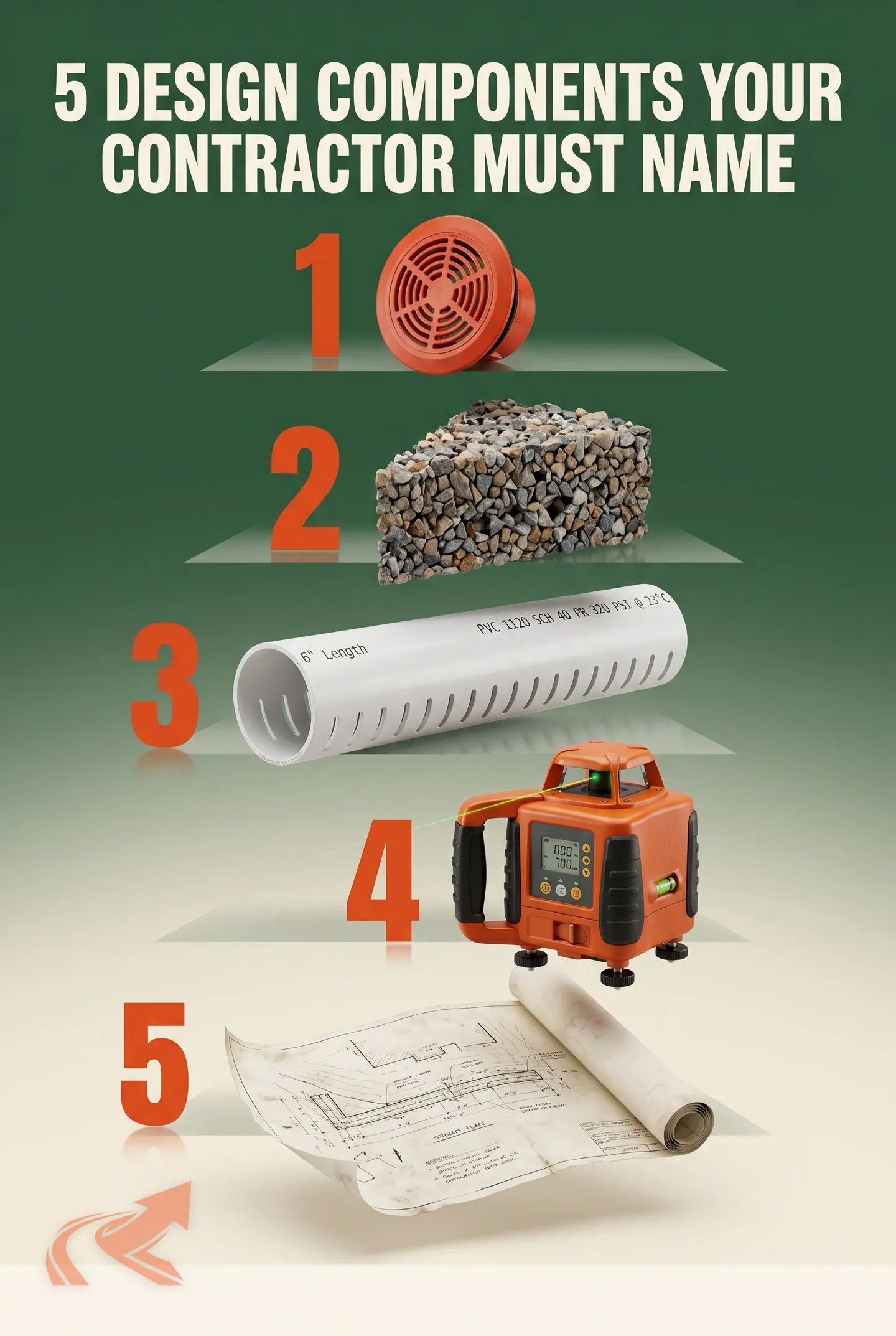 Five components of a real French drain design for NC yards -- entry point, outlet, stone column spec, pipe spec, and fall verification -- that separate a design from a rough estimate.
