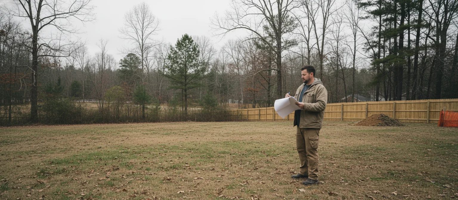NC French drain layout design plan reviewed on Piedmont clay yard