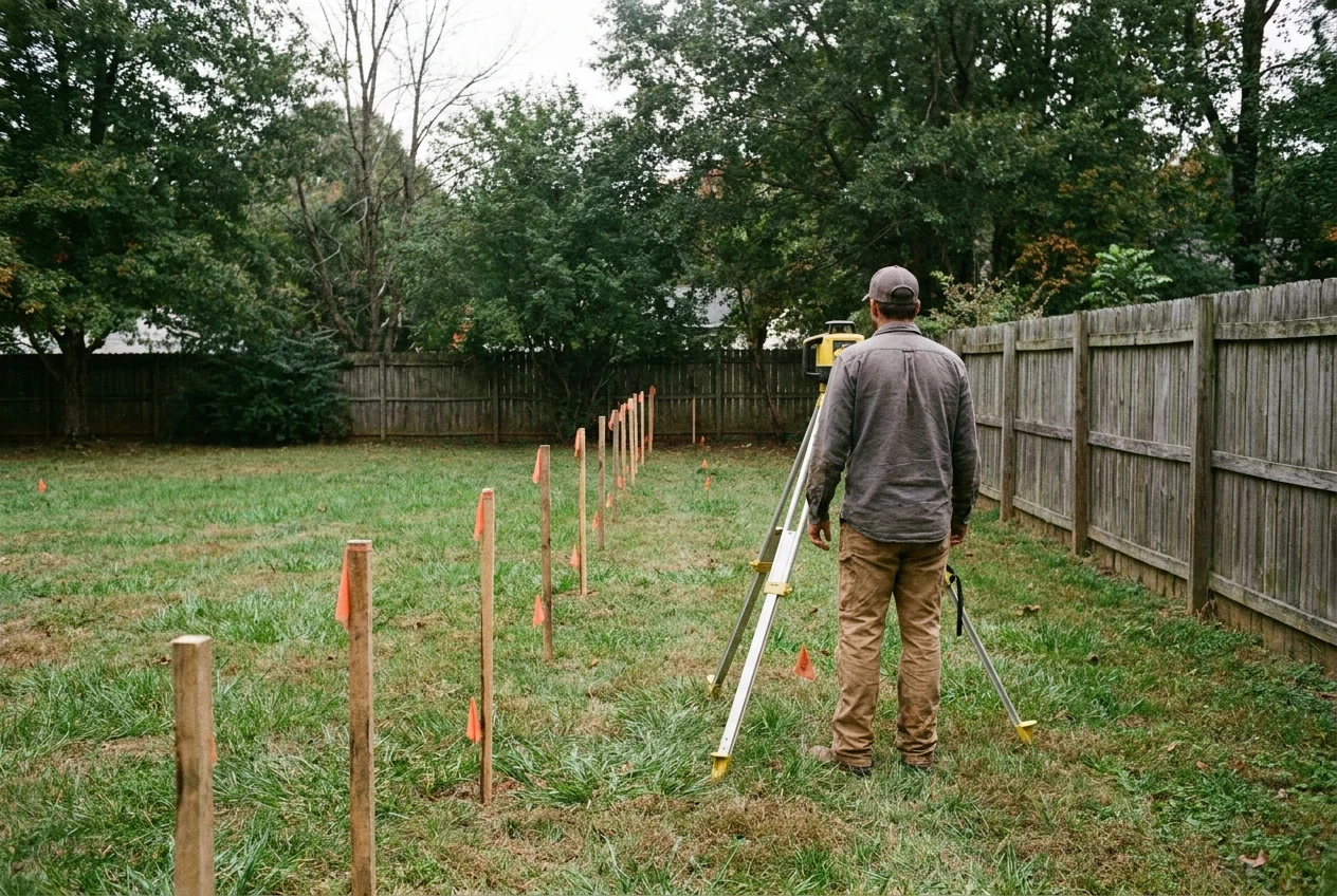 A contractor in a fenced NC backyard sighting a laser level on a tripod down a line of survey stakes that mark a proposed French drain run, with the ground still undug.