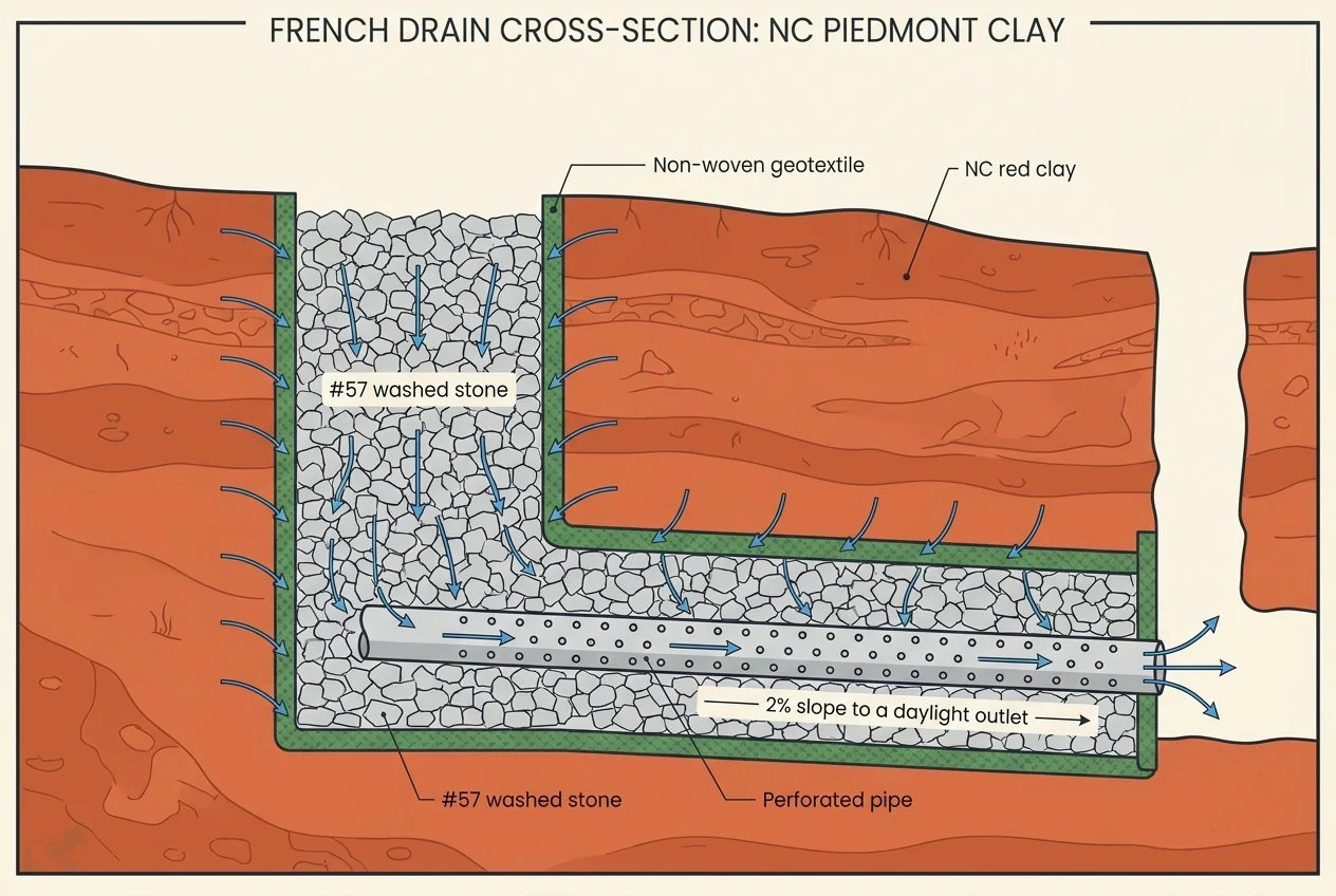 Cross-section diagram of a French drain in NC Piedmont clay: a trench cut into red clay, a perforated drain pipe bedded in number 57 washed stone, the stone column wrapped in non-woven geotextile fabric, with arrows showing water entering from the clay and the pipe sloping at 2 percent to a daylight outlet.