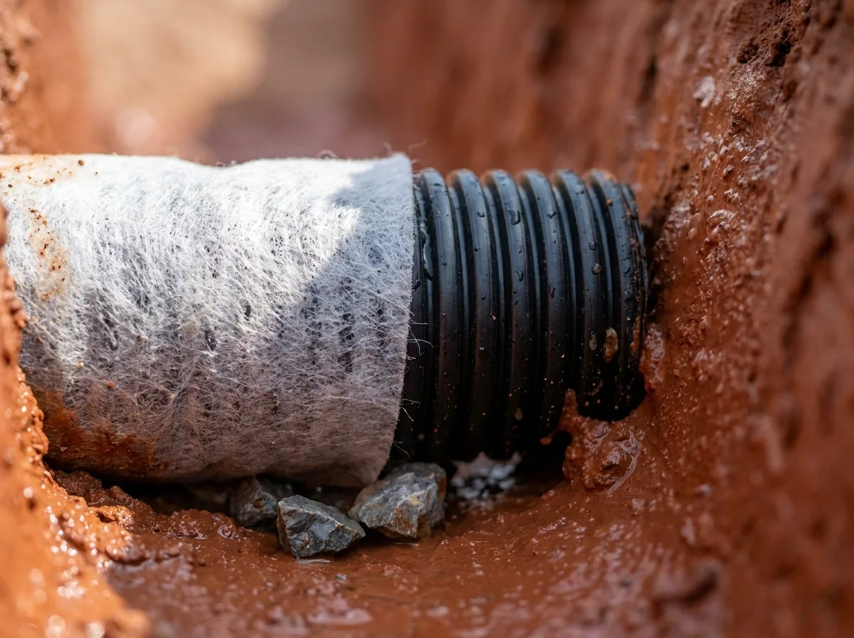 Extreme close-up of a corrugated black HDPE drain pipe with a white non-woven filter sock in a NC Piedmont red clay trench -- the sock fiber texture is visible, washed gravel sits at the pipe base, and water beads on the impermeable slick clay walls