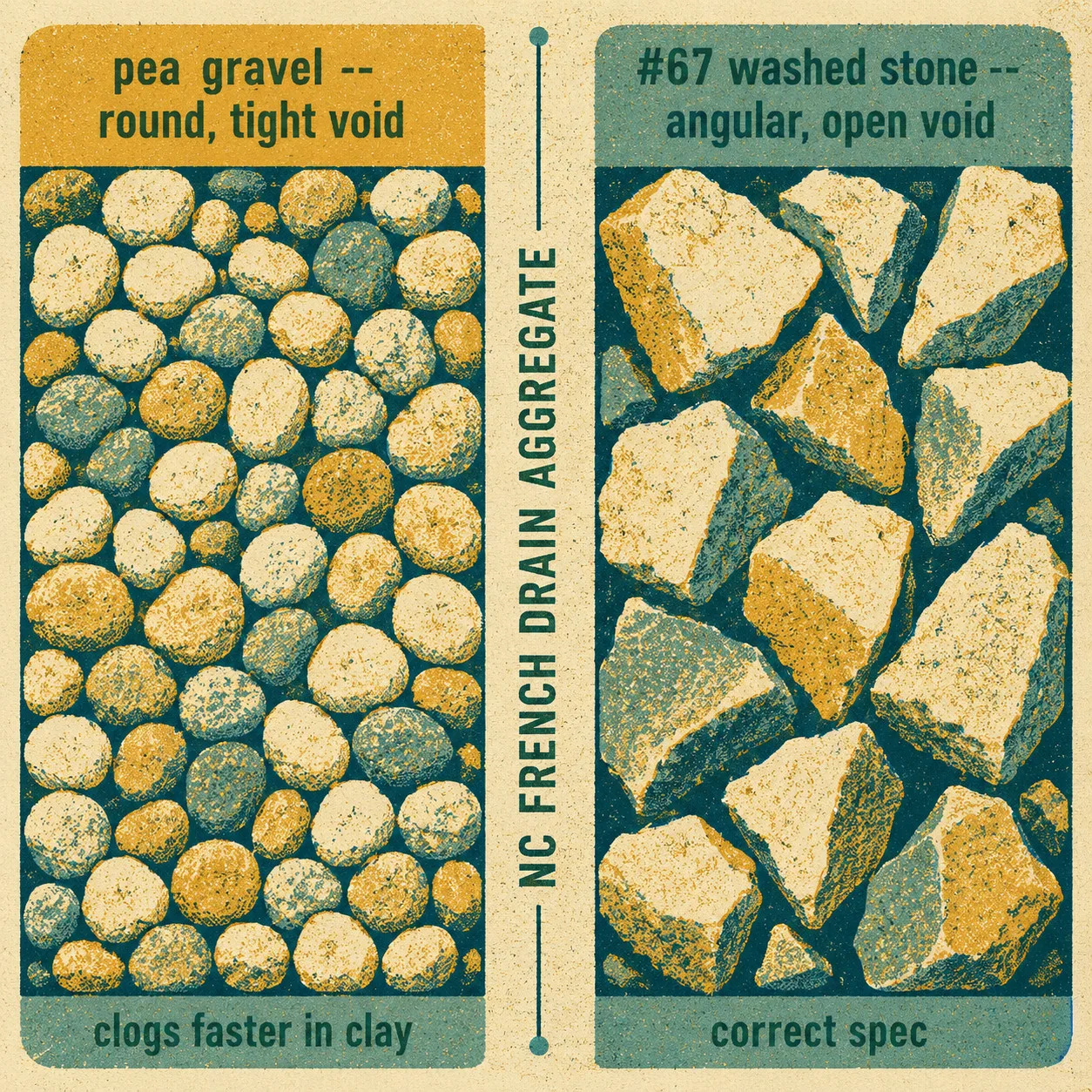 Risograph-style side-by-side comparison of rounded pea gravel packed tightly versus angular #67 washed stone with open voids, showing why pea gravel fails faster in NC clay French drains