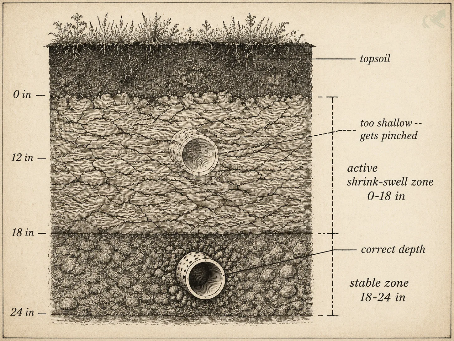 Cross-section engraving showing NC Piedmont clay shrink-swell zone from 0 to 18 inches and the correct pipe placement below 18 inches versus a too-shallow pipe at 12 inches that gets pinched by clay movement
