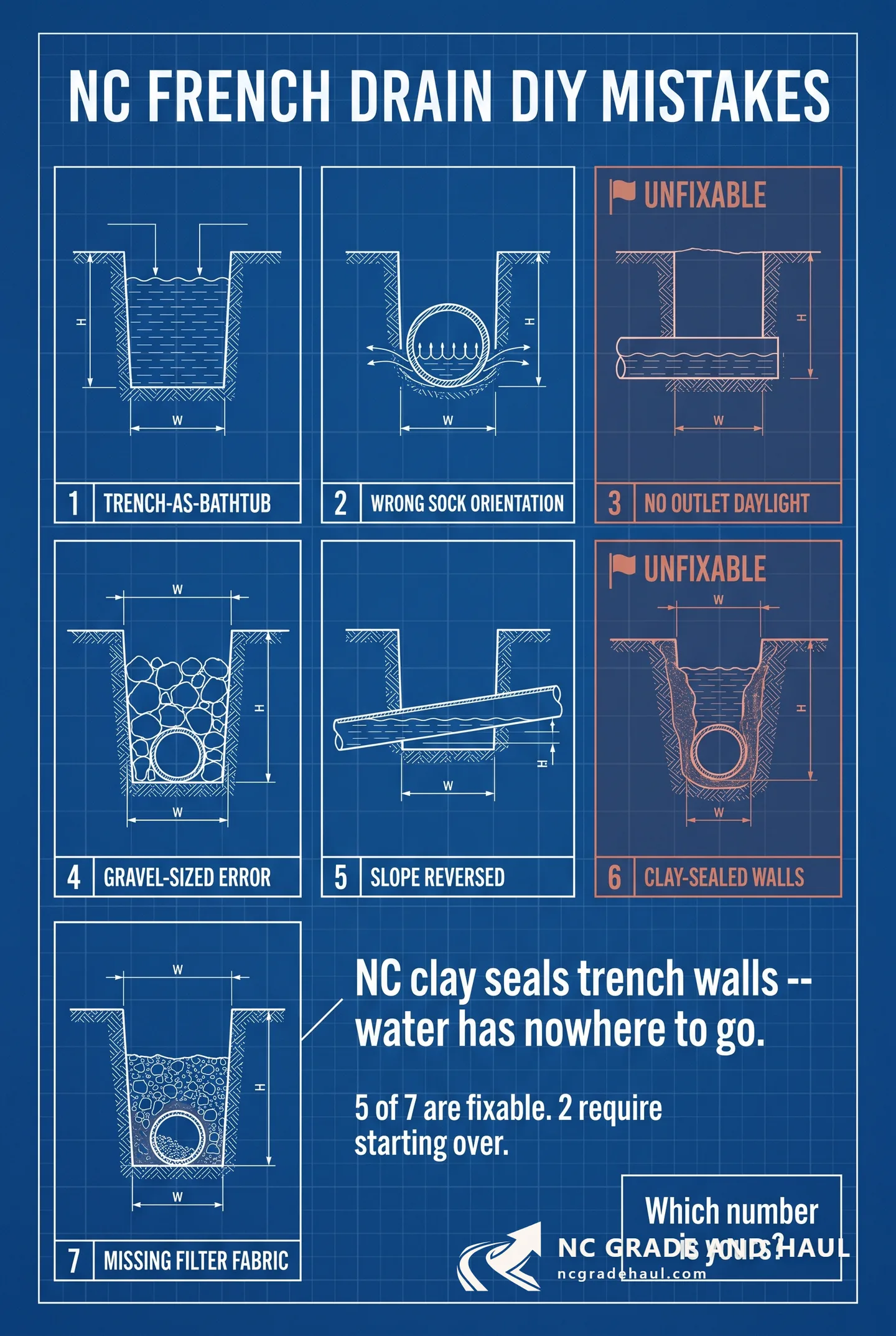 Seven DIY French drain failure modes in NC Piedmont clay — including the NC-specific trench-as-bathtub problem. Which ones are unfixable, which mean starting over.