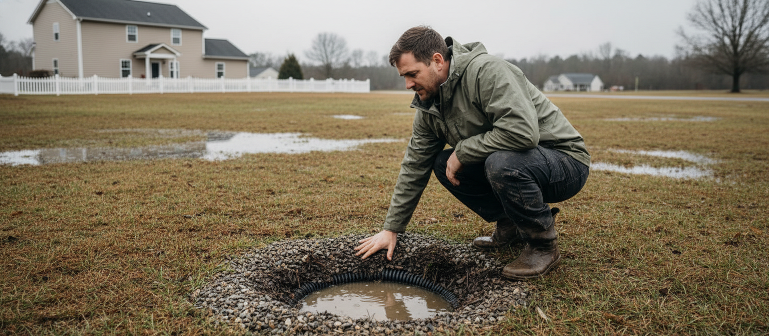 DIY French drain failure NC clay lawn with pooled water in gravel pit
