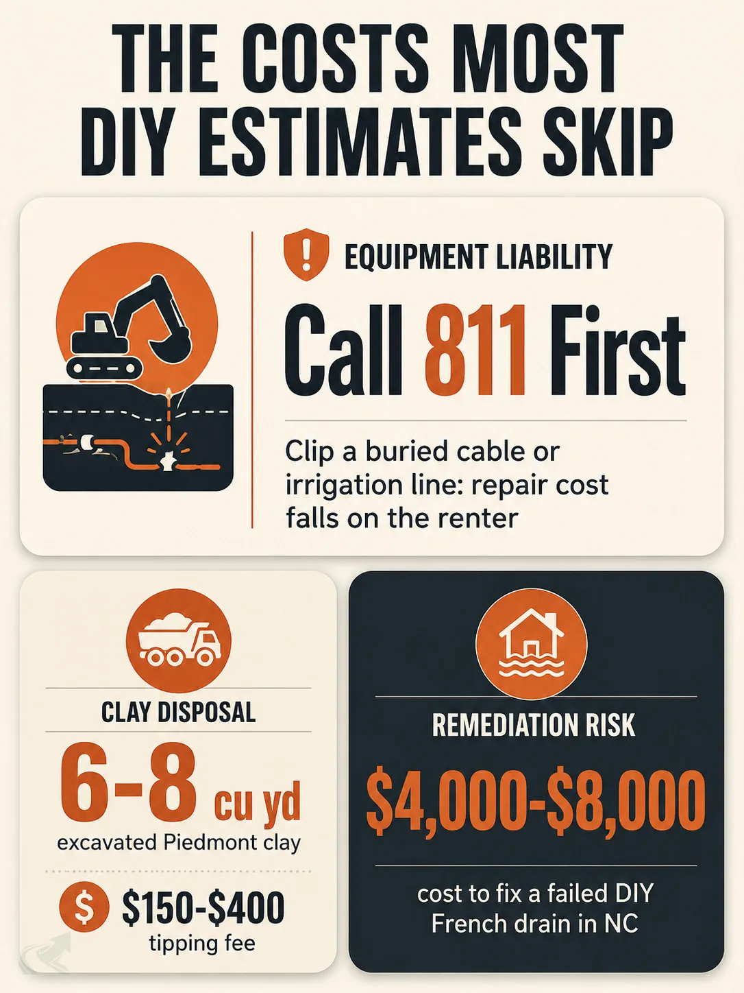 Bento-grid infographic showing the three hidden costs most DIY French drain estimates skip: equipment liability (call 811), 6-8 cubic yards of clay disposal at $150-$400 in tipping fees, and $4,000-$8,000 NC remediation cost if the system fails
