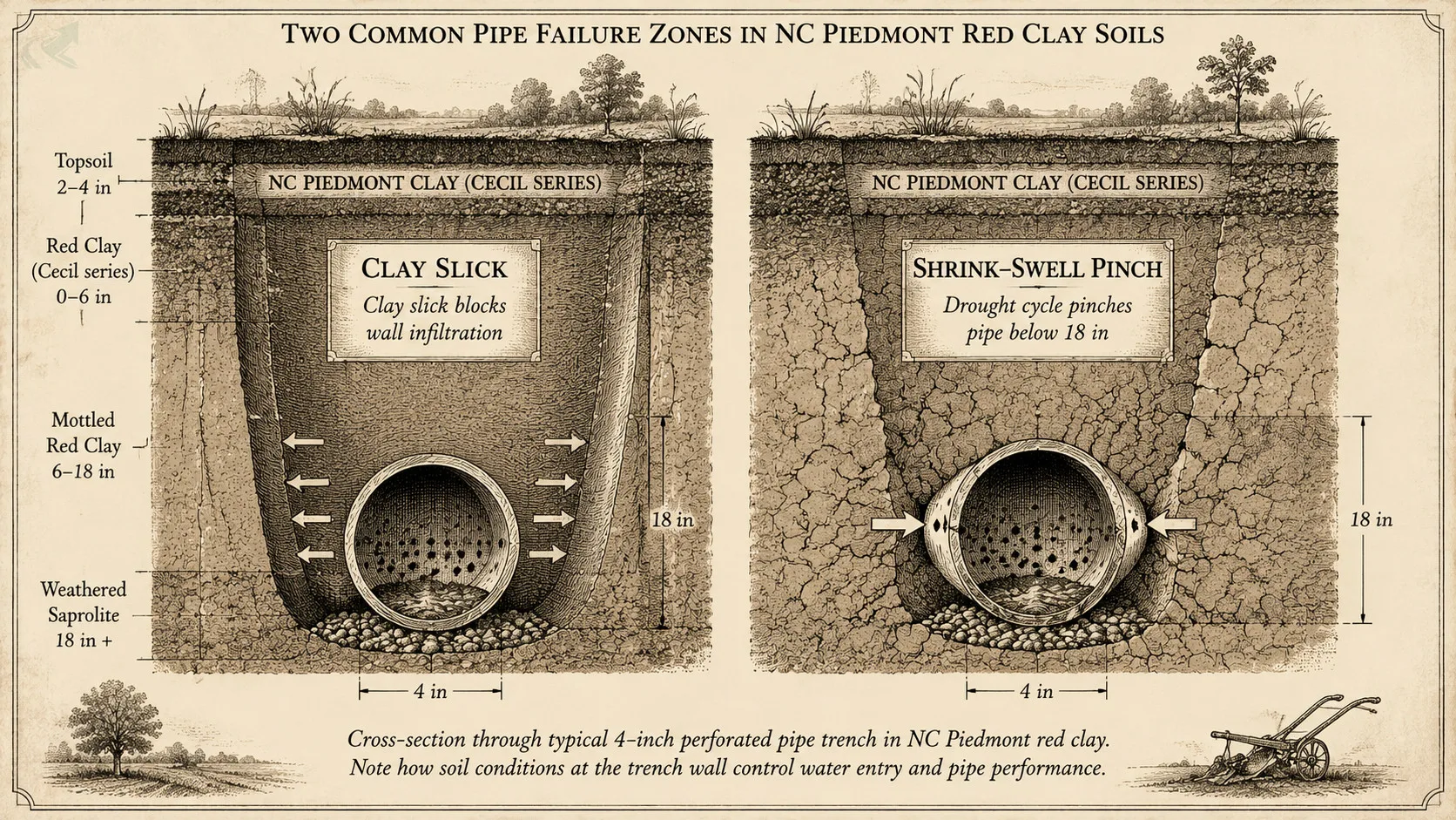 Vintage field-guide cross-section diagram showing two NC-specific French drain failure modes: clay slick wall glazing that blocks infiltration, and shrink-swell pipe pinch from drought cycles in Piedmont red clay below 18 inches depth