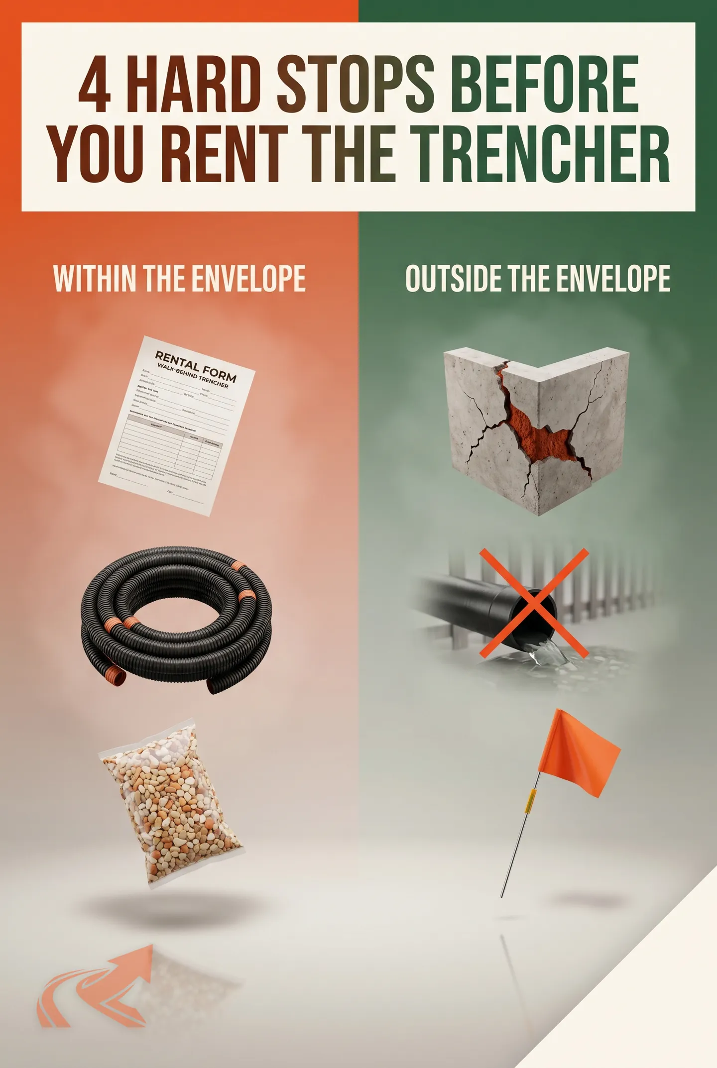Decision guide for DIY versus professional French drain installation in NC clay, marking the four hard stops -- depth over 24 inches, foundation proximity, property-line discharge, no daylight point -- where DIY becomes a liability.