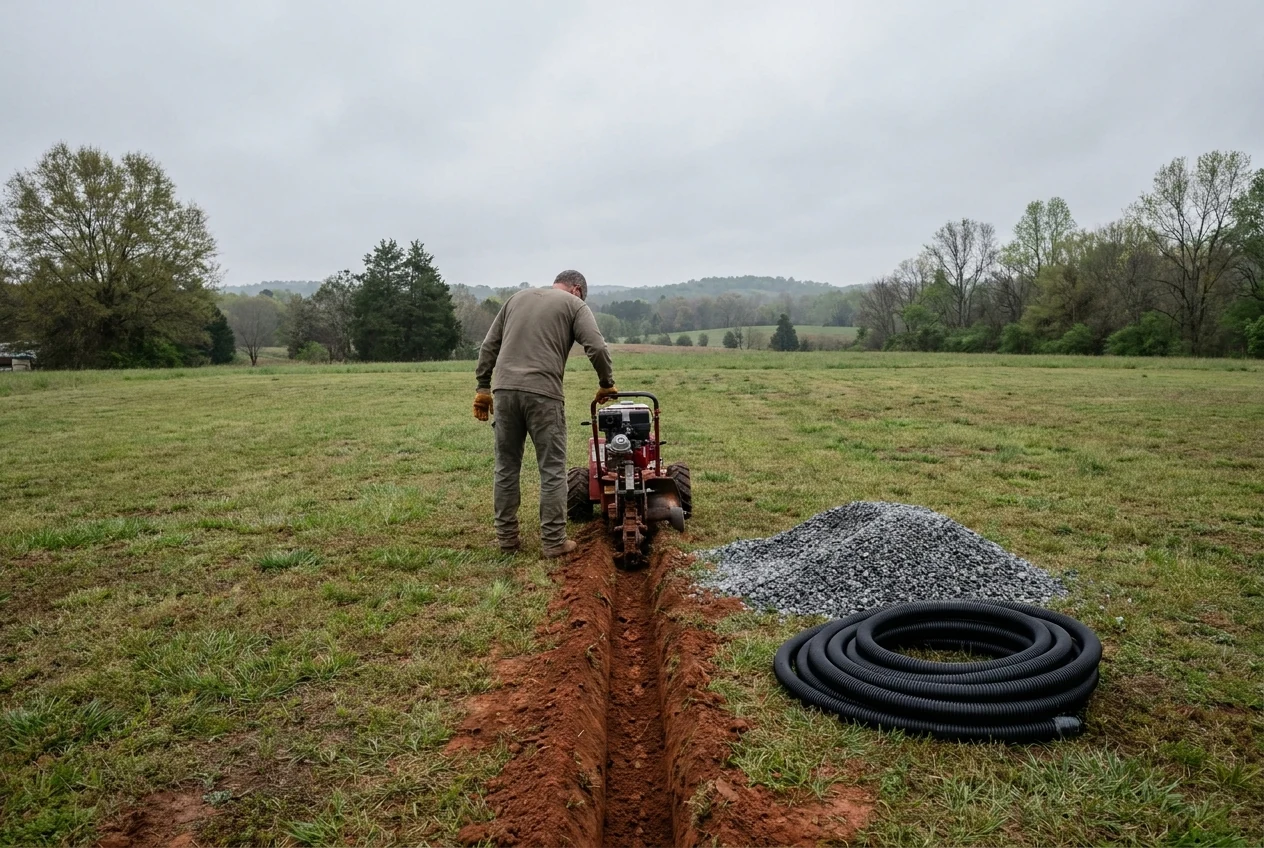 Homeowner operating a walk-behind trencher in an open backyard, cutting a narrow trench through NC red clay with crushed stone and a coil of perforated drainage pipe staged on the grass nearby.