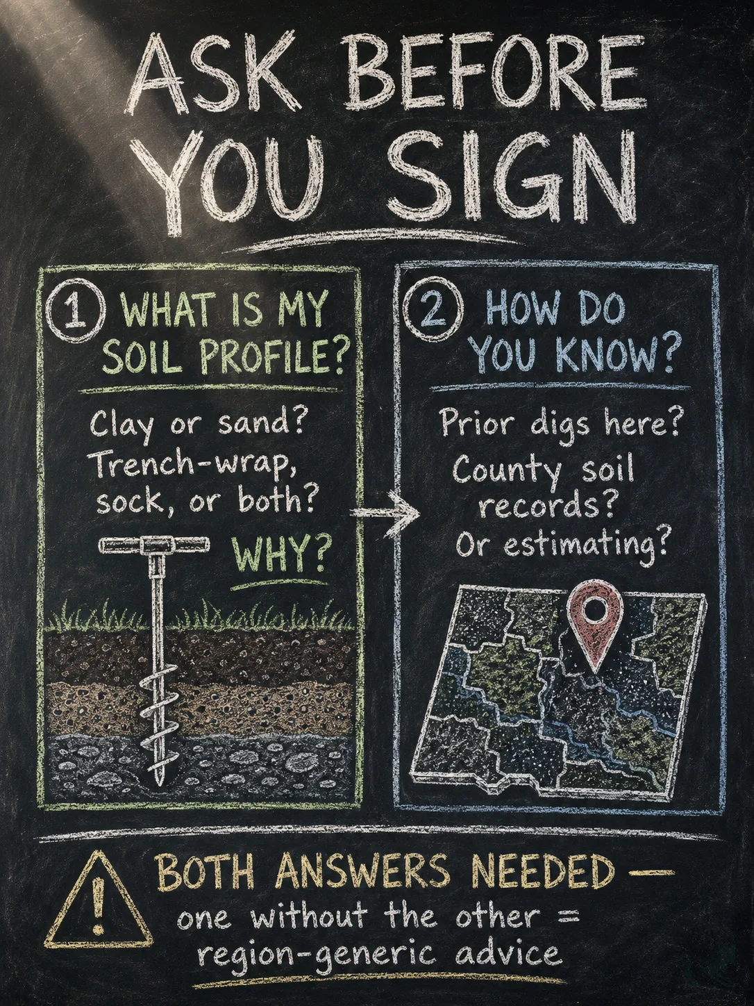 Chalkboard diagram with two contractor vetting questions: ask about soil profile and fabric choice rationale, and ask how the contractor confirmed the soil — prior digs, county records, or estimate