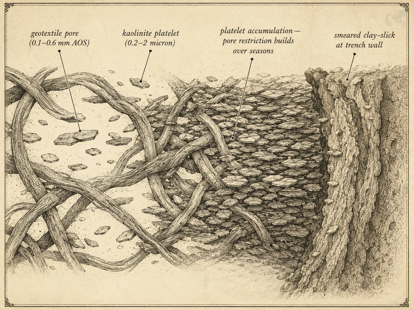 Vintage engraving cross-section showing kaolinite platelets smaller than geotextile pores migrating into and accumulating inside the fabric weave over time