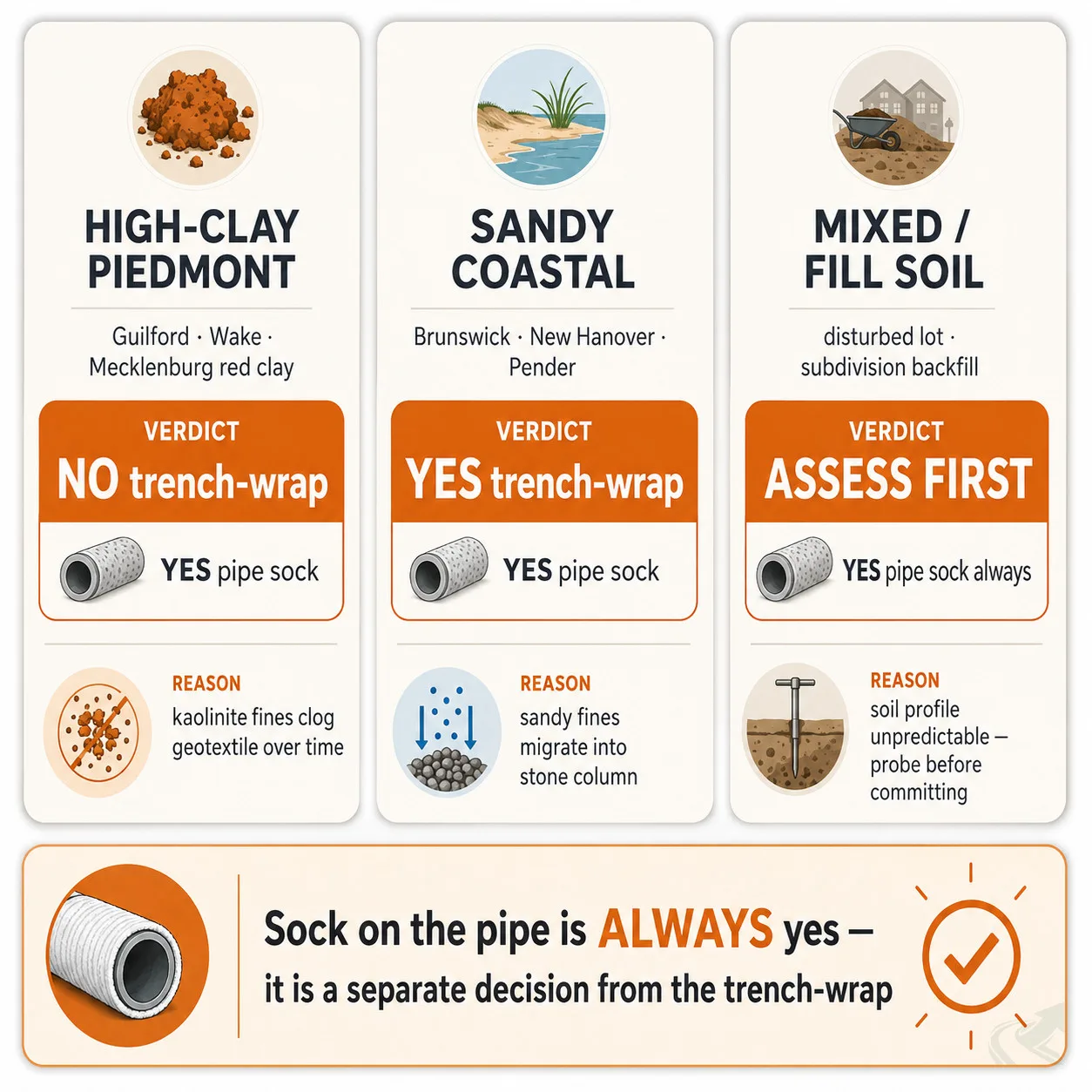 Bento-grid decision cards showing fabric recommendations by NC soil zone: no trench-wrap in high-clay Piedmont, yes trench-wrap in sandy coastal, assess first in mixed or fill soil — pipe sock always yes in all three